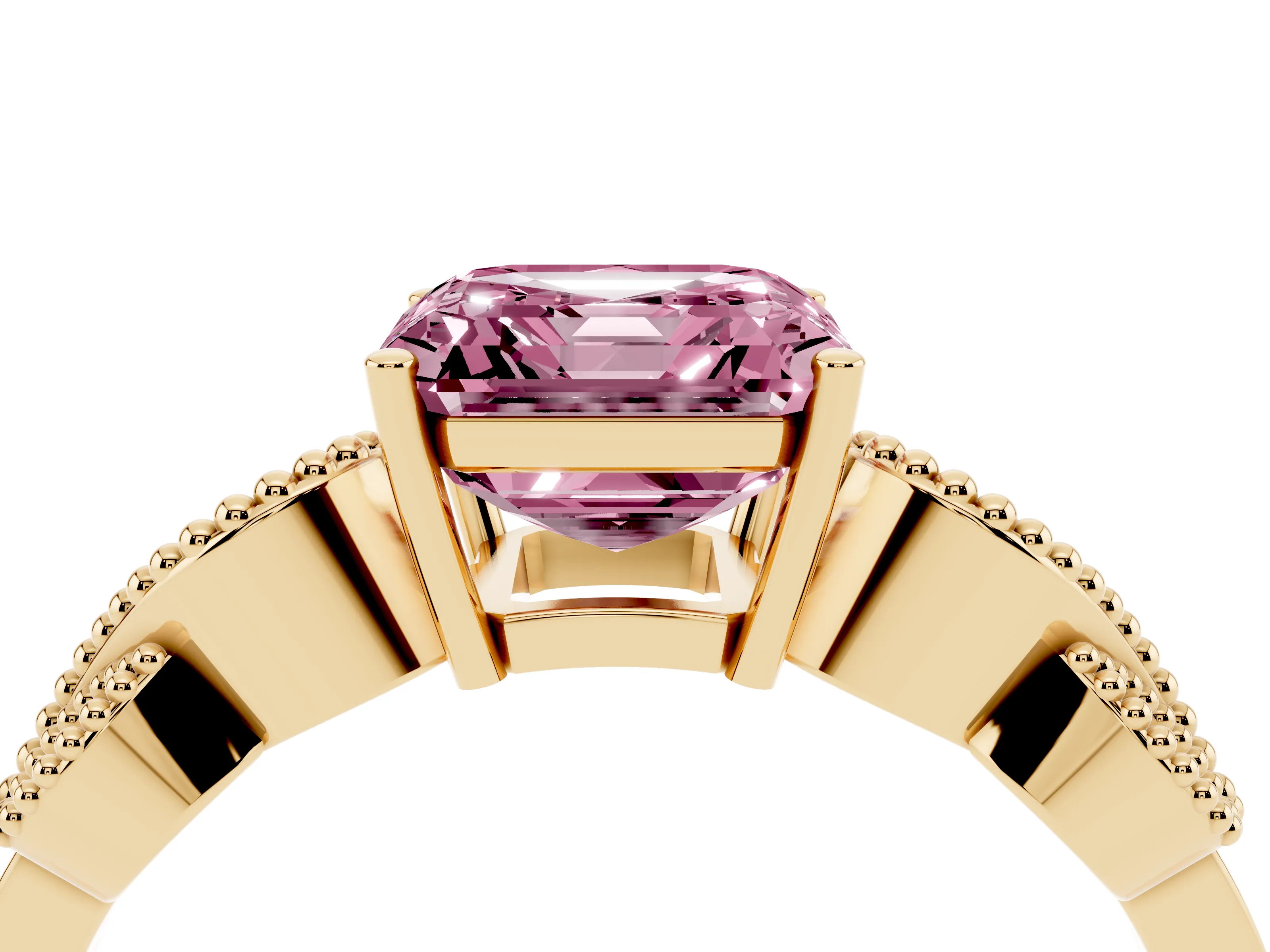 Fancy Pink Asscher Cut Diamond Milgrain Leaf Band Solitaire Ring Set in Yellow gold with Accent Stones and Prong Setting