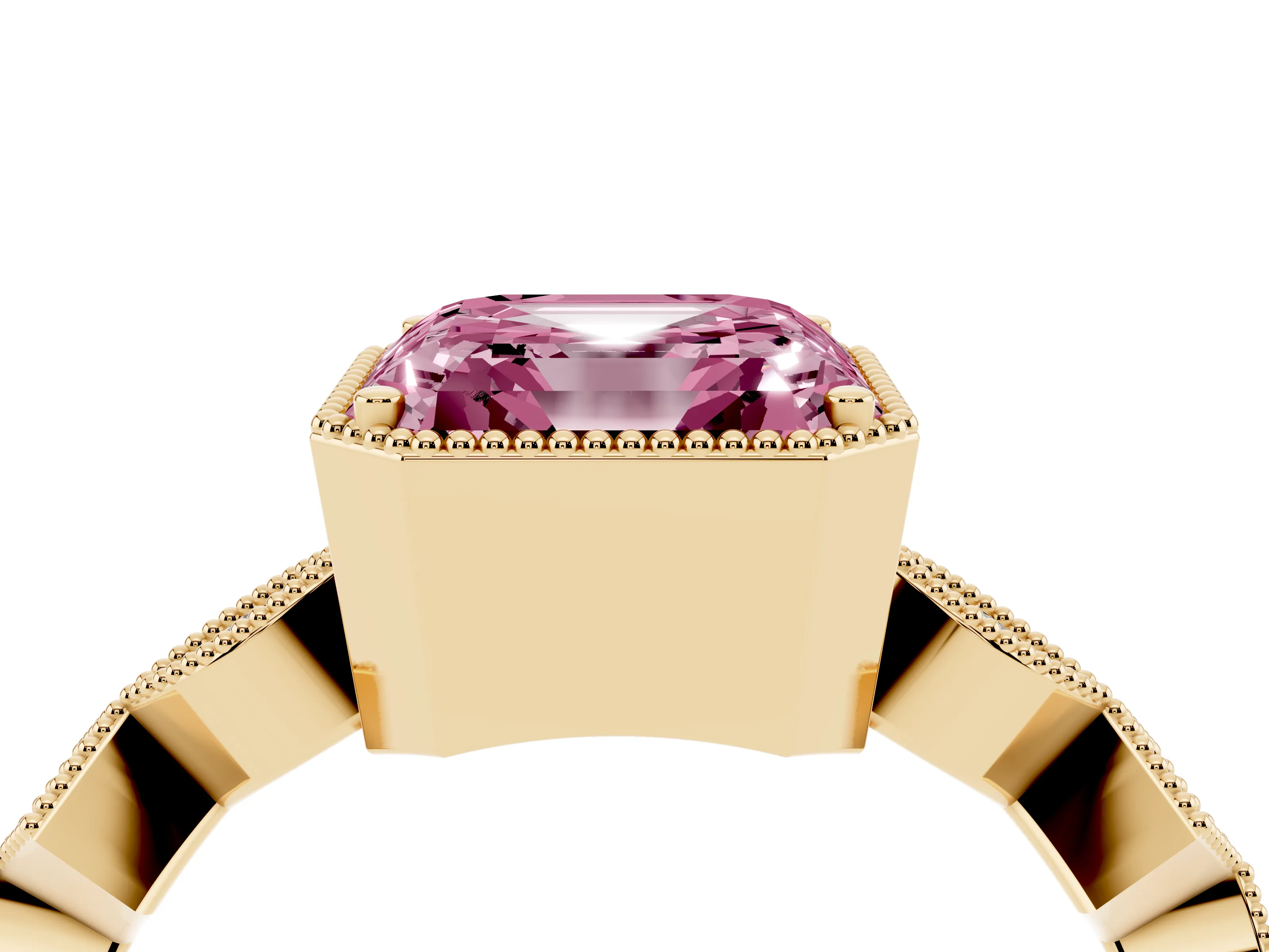 Fancy Pink Asscher Cut Diamond Milgrain Marquise Twist Band Ring Set in Yellow gold with Prong Setting