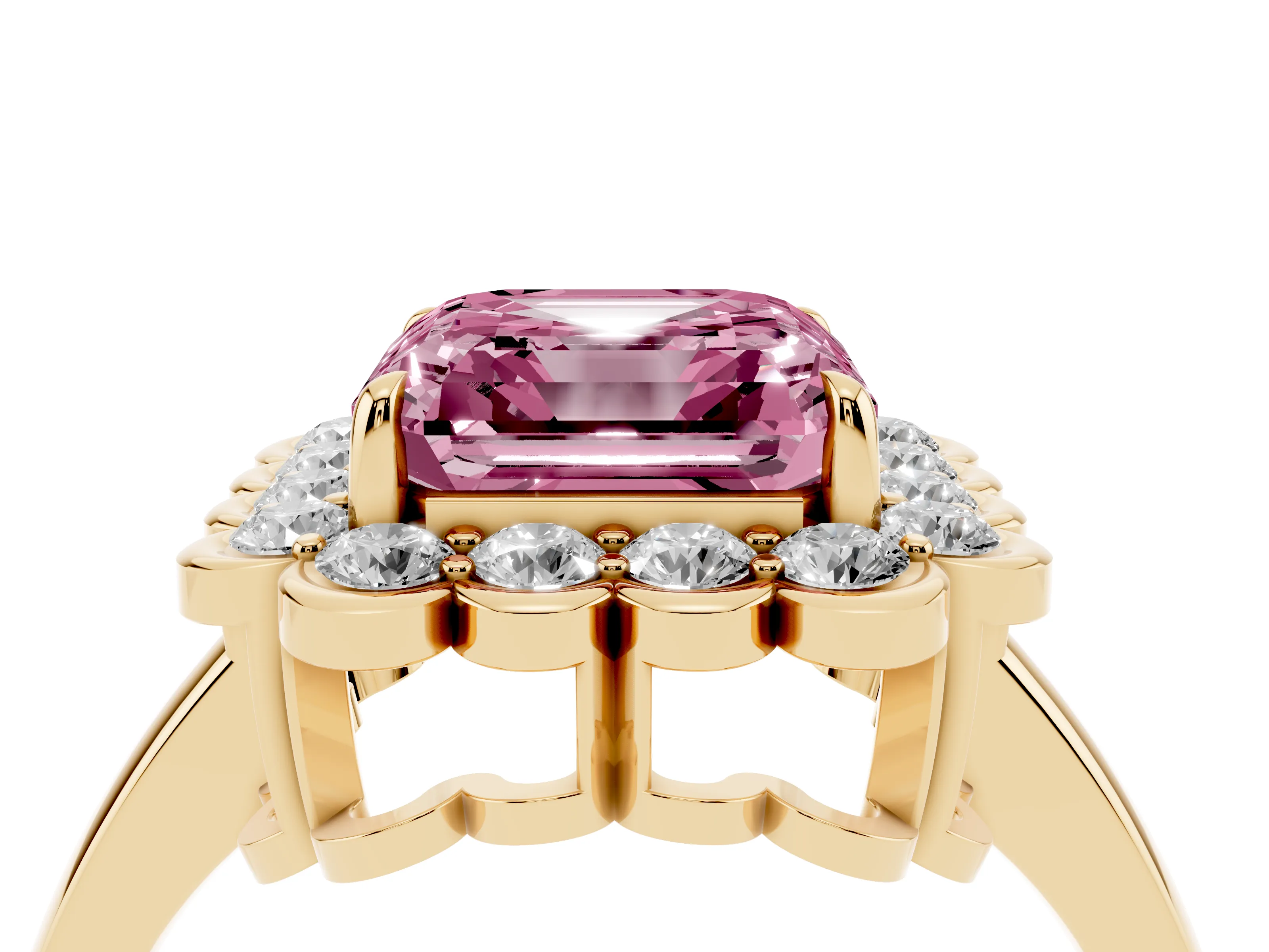 Fancy Pink Asscher Cut Diamond Halo Cluster Engagement Ring Set in Yellow gold with Solitaire Band and Prong Setting