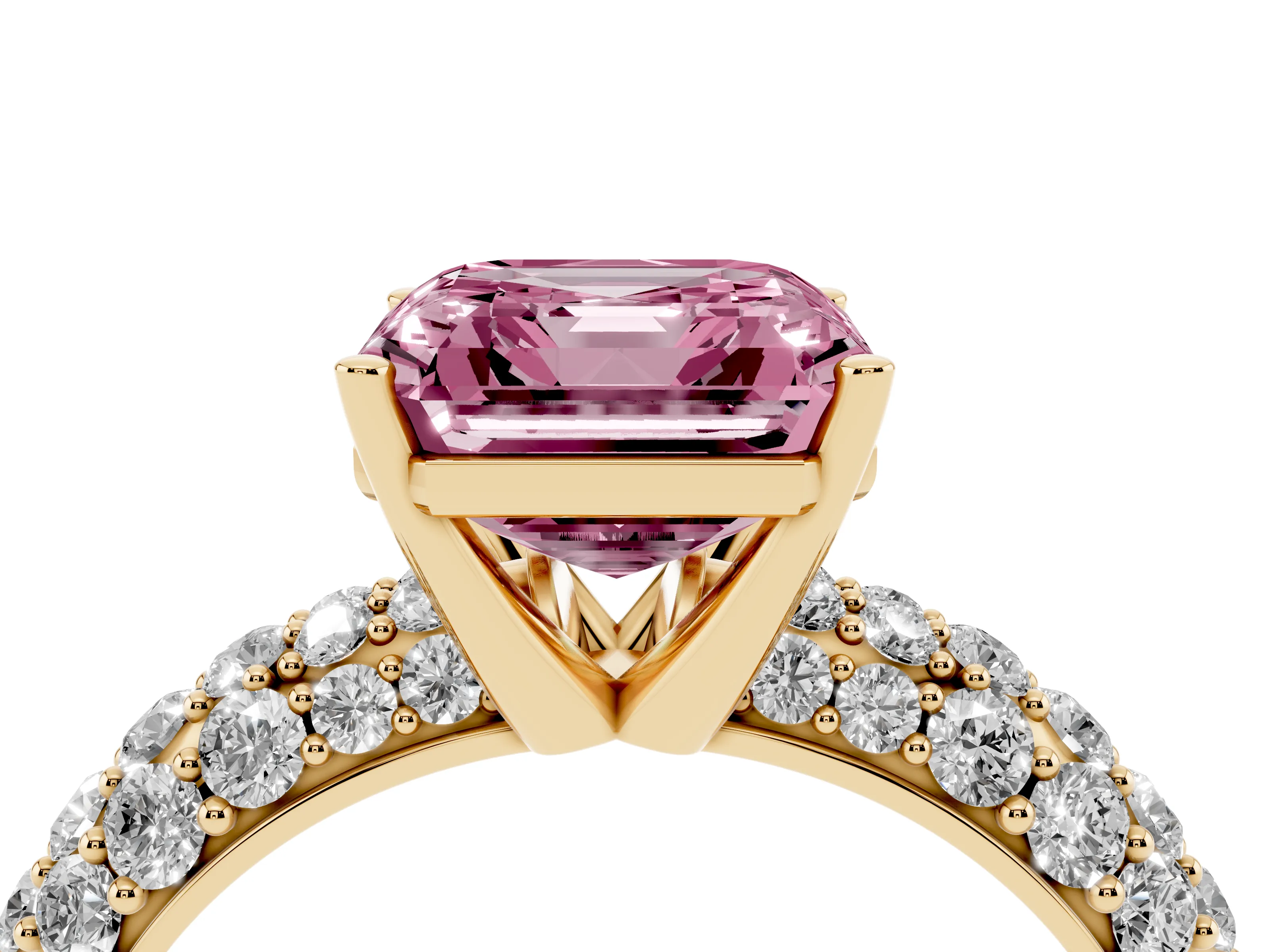 Fancy Pink Asscher Cut Diamond Pavé Band Solitaire Ring Set in Yellow gold with Close-Set Accent Stones and Prong Setting