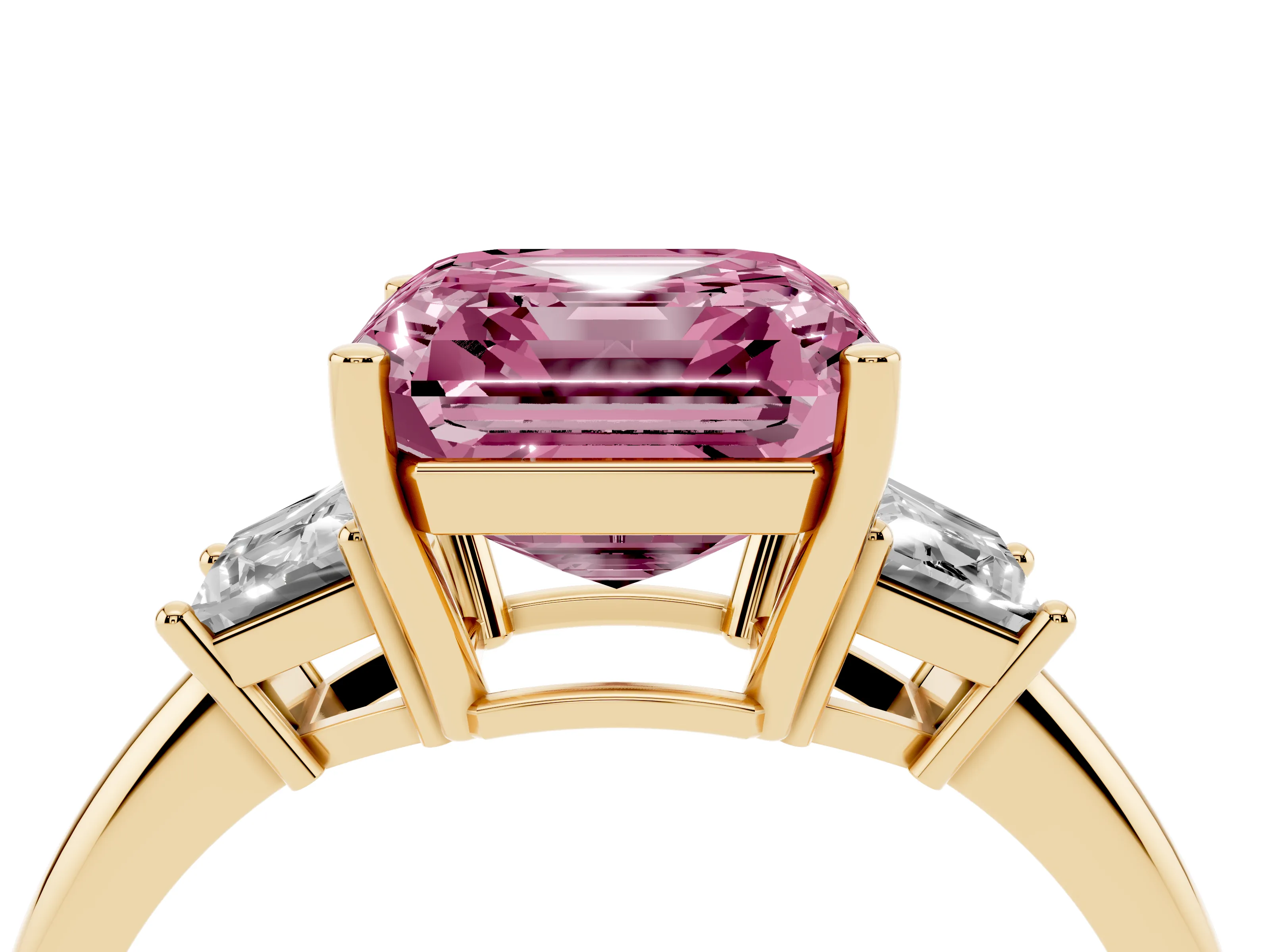 Fancy Pink Asscher Cut Diamond Three-Stone Ring Set in Yellow gold with Trapezoid Side Stones and Prong Setting