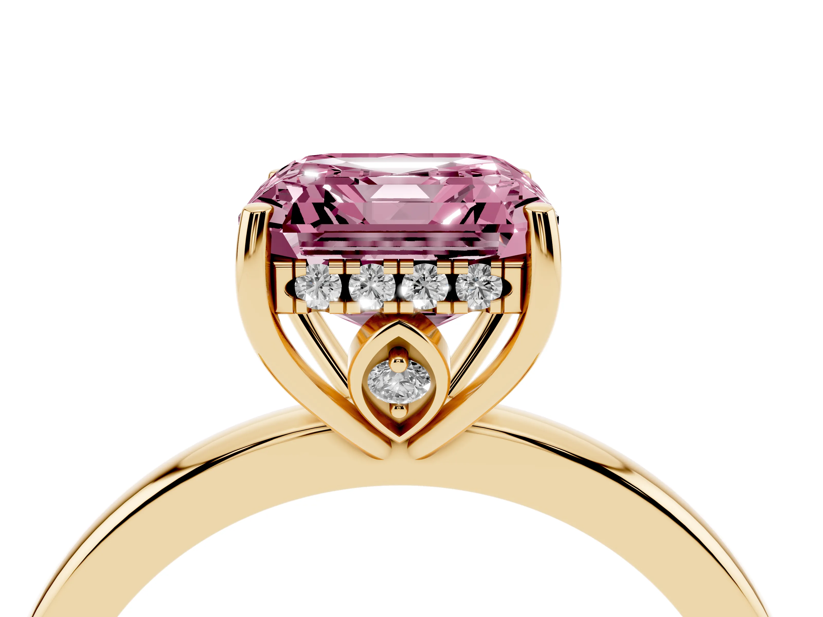 Fancy Pink Asscher Cut Diamond Solitaire Ring Set in Yellow gold with Plain Band and Prong Setting