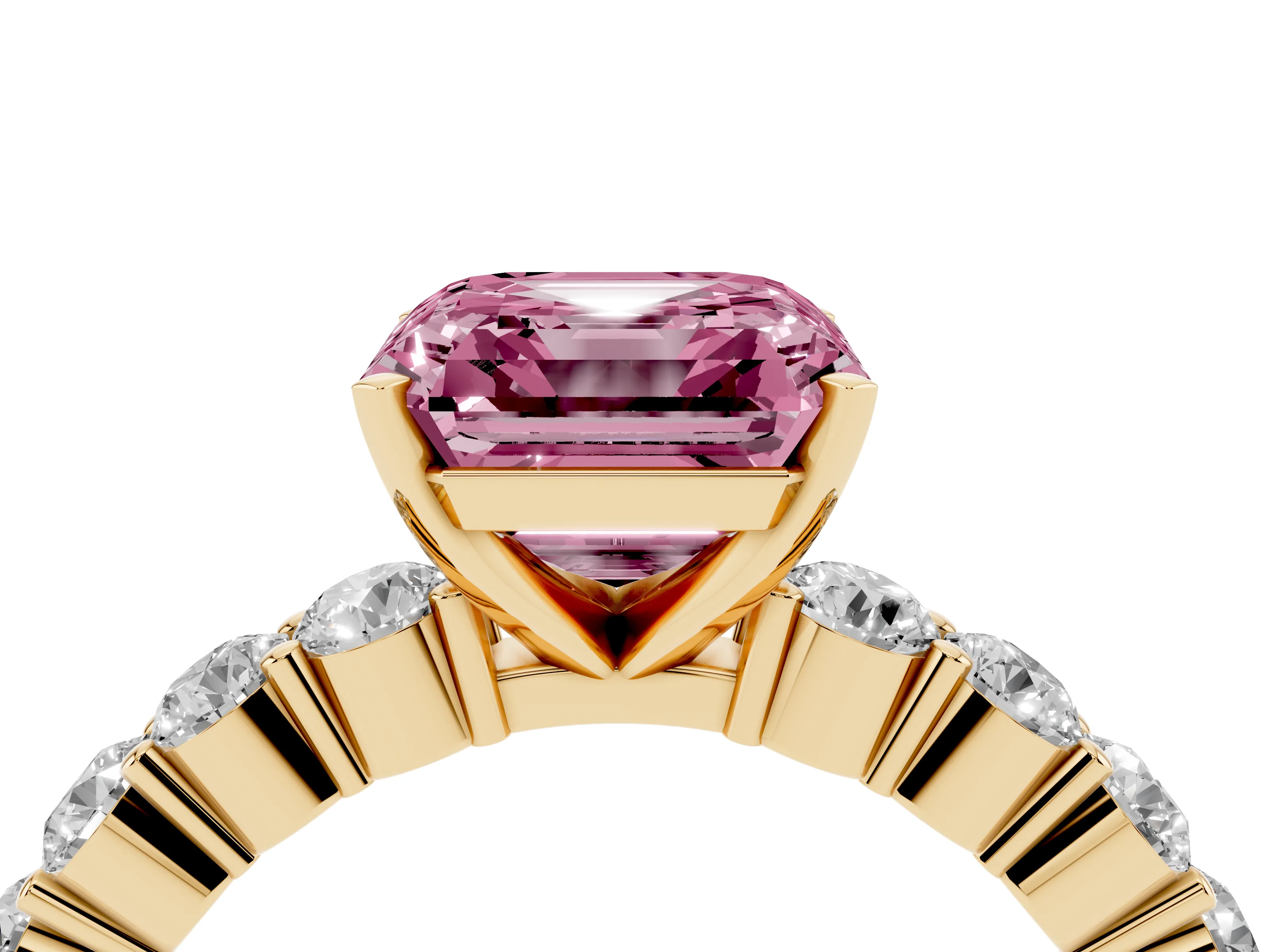 Fancy Pink Asscher Cut Diamond Solitaire Ring Set in Yellow gold with Shared Prong Round Side Stones