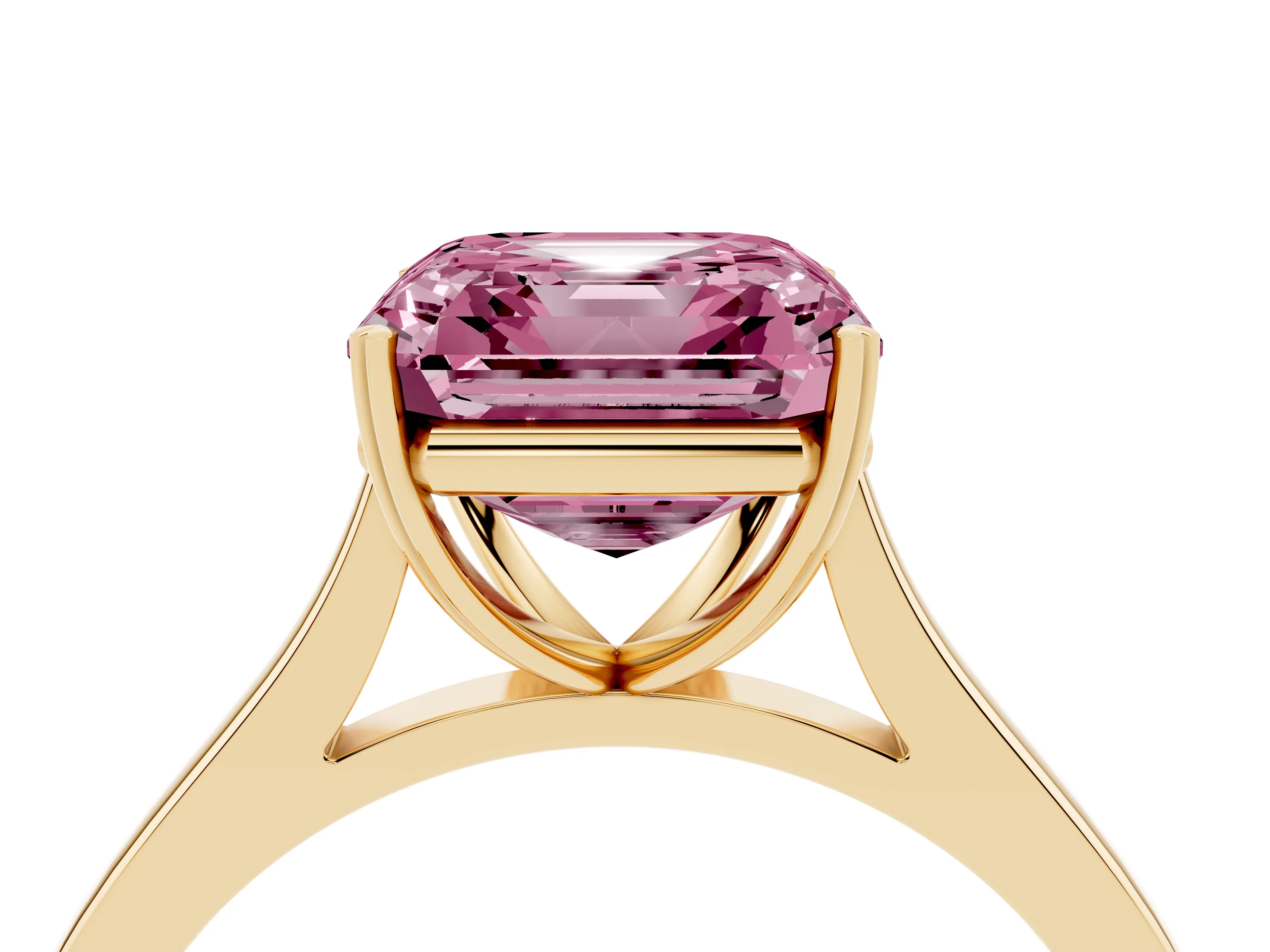 Fancy Pink Asscher Cut Diamond Solitaire Heart Prong Engagement Ring Set in Yellow gold with Tapered Band