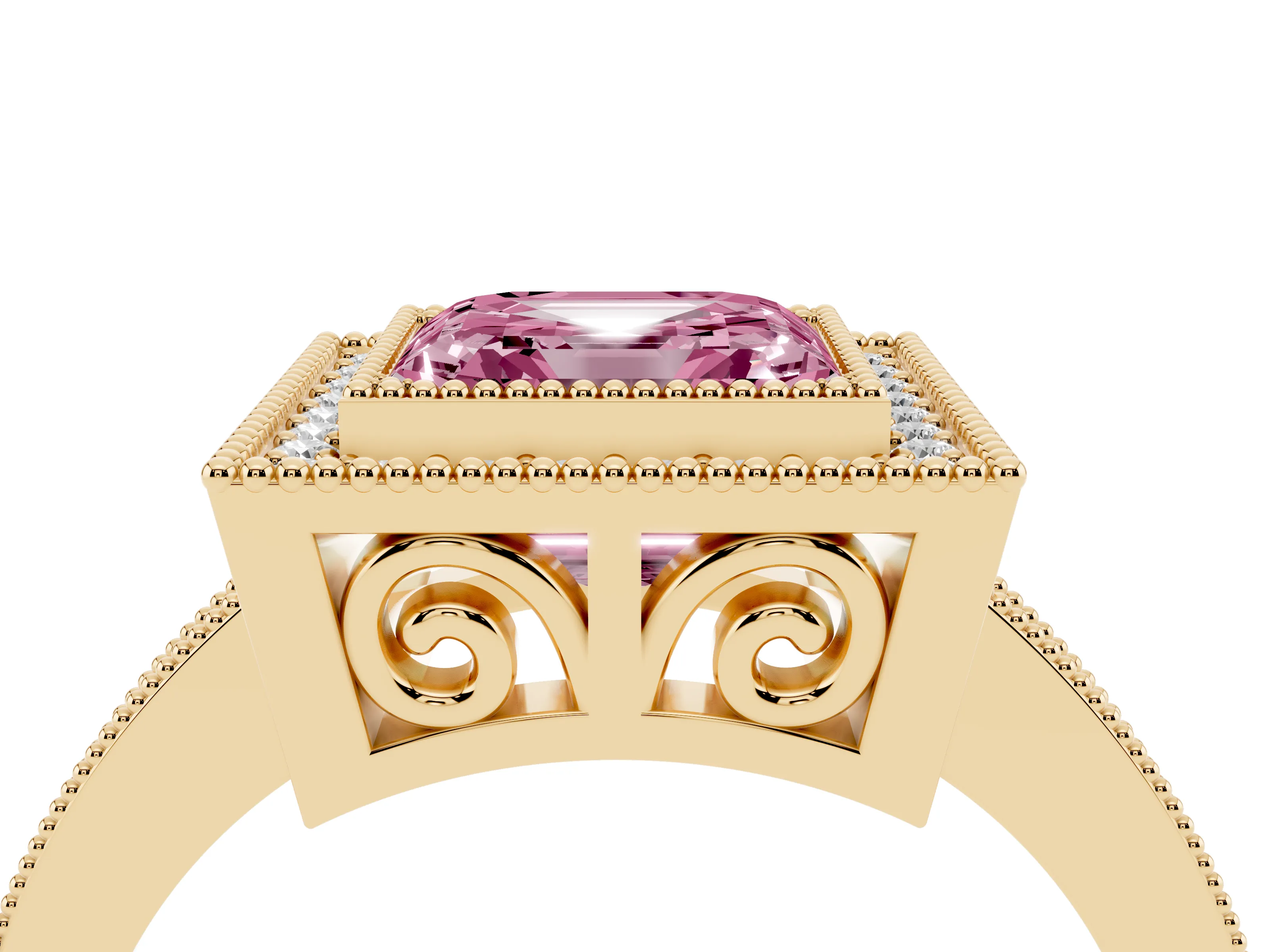 Fancy Pink Asscher Cut Diamond Round Halo Ring Set in Yellow gold with Pavé Band