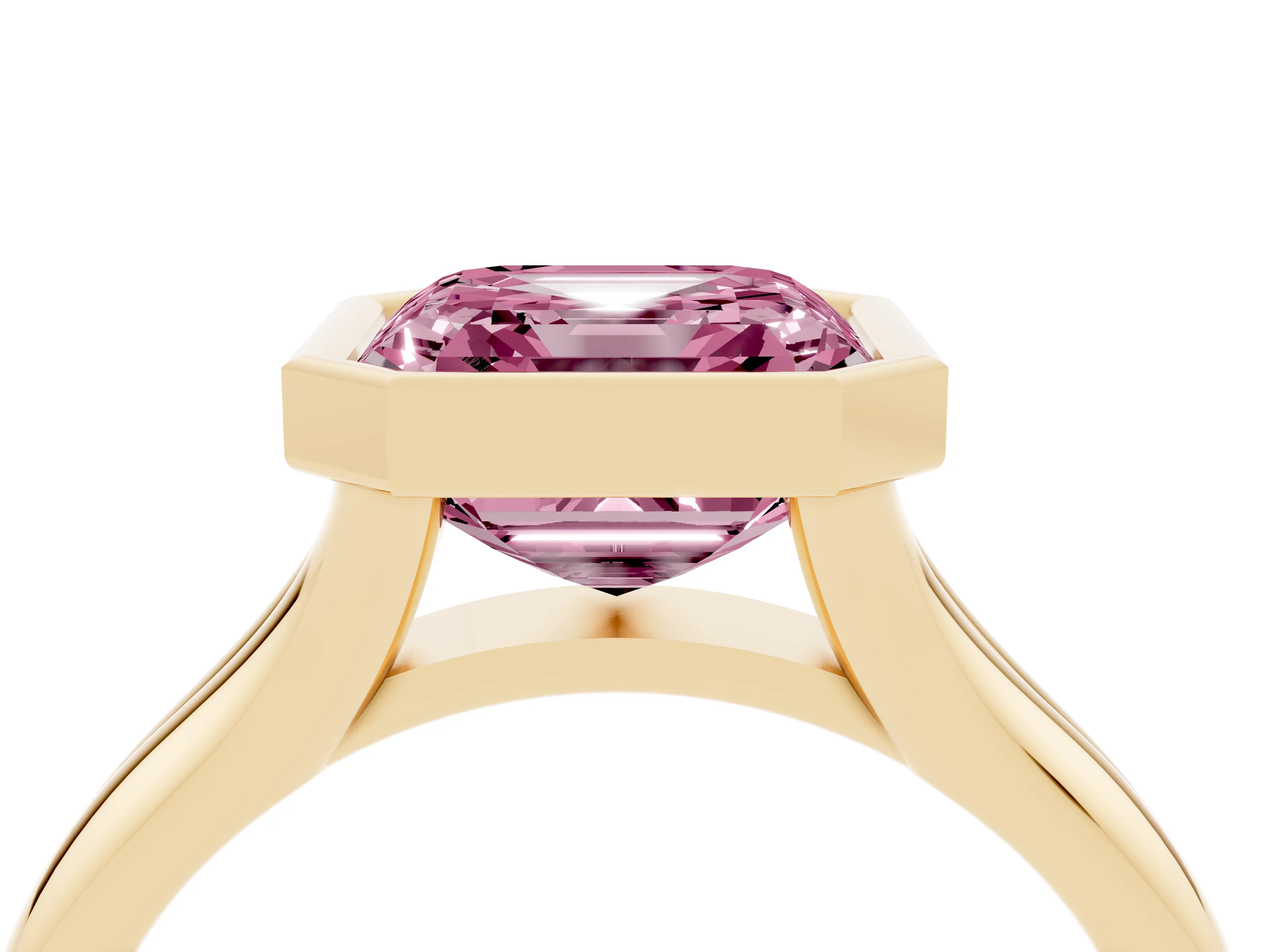 Fancy Pink Bezel Set Asscher Cut Diamond Solitaire Ring Set in Yellow gold with Smooth Band