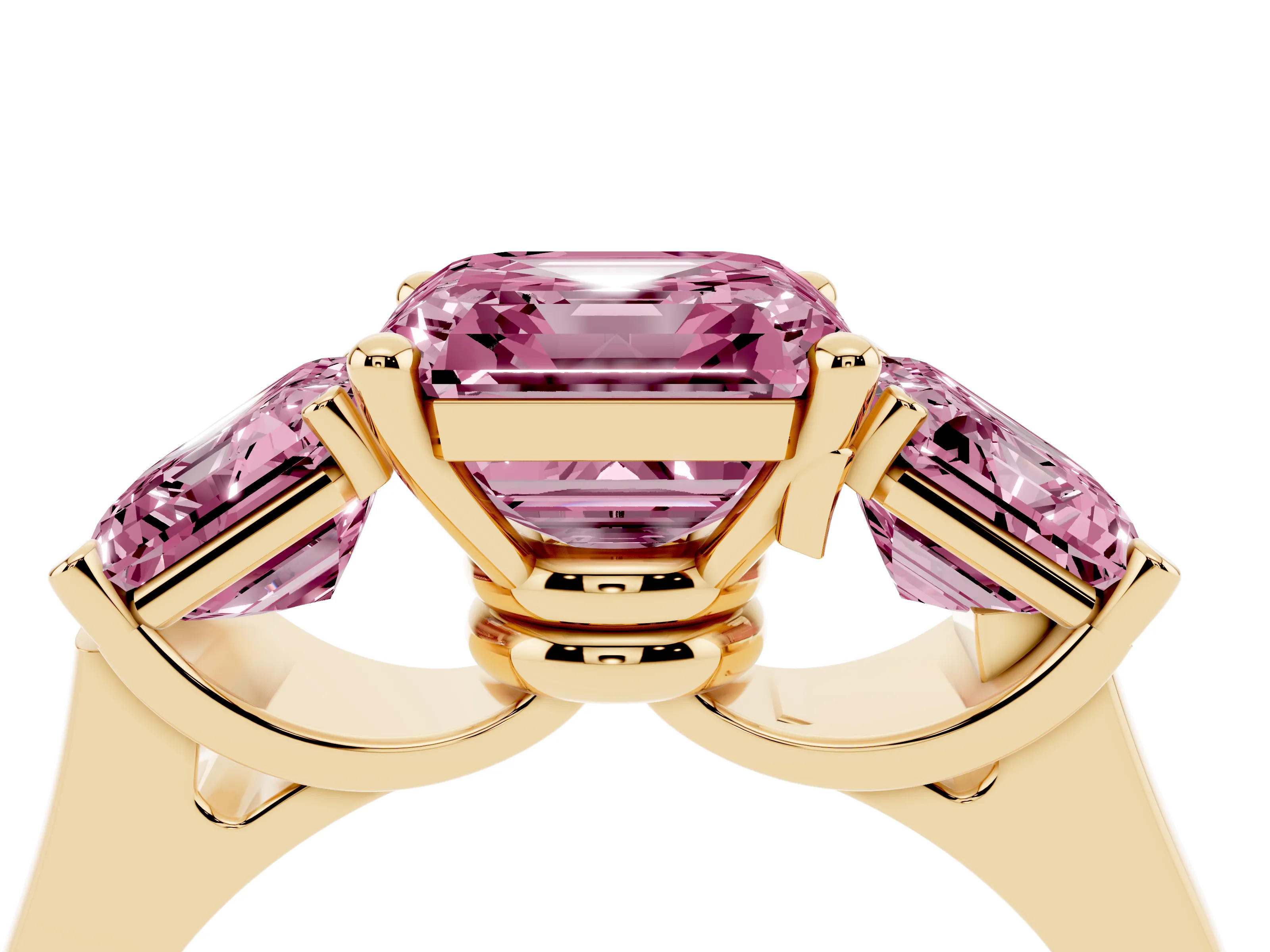 Fancy Pink Asscher Cut Diamond Three-Stone Trellis Ring Set in Yellow gold with Comfort Fit Band