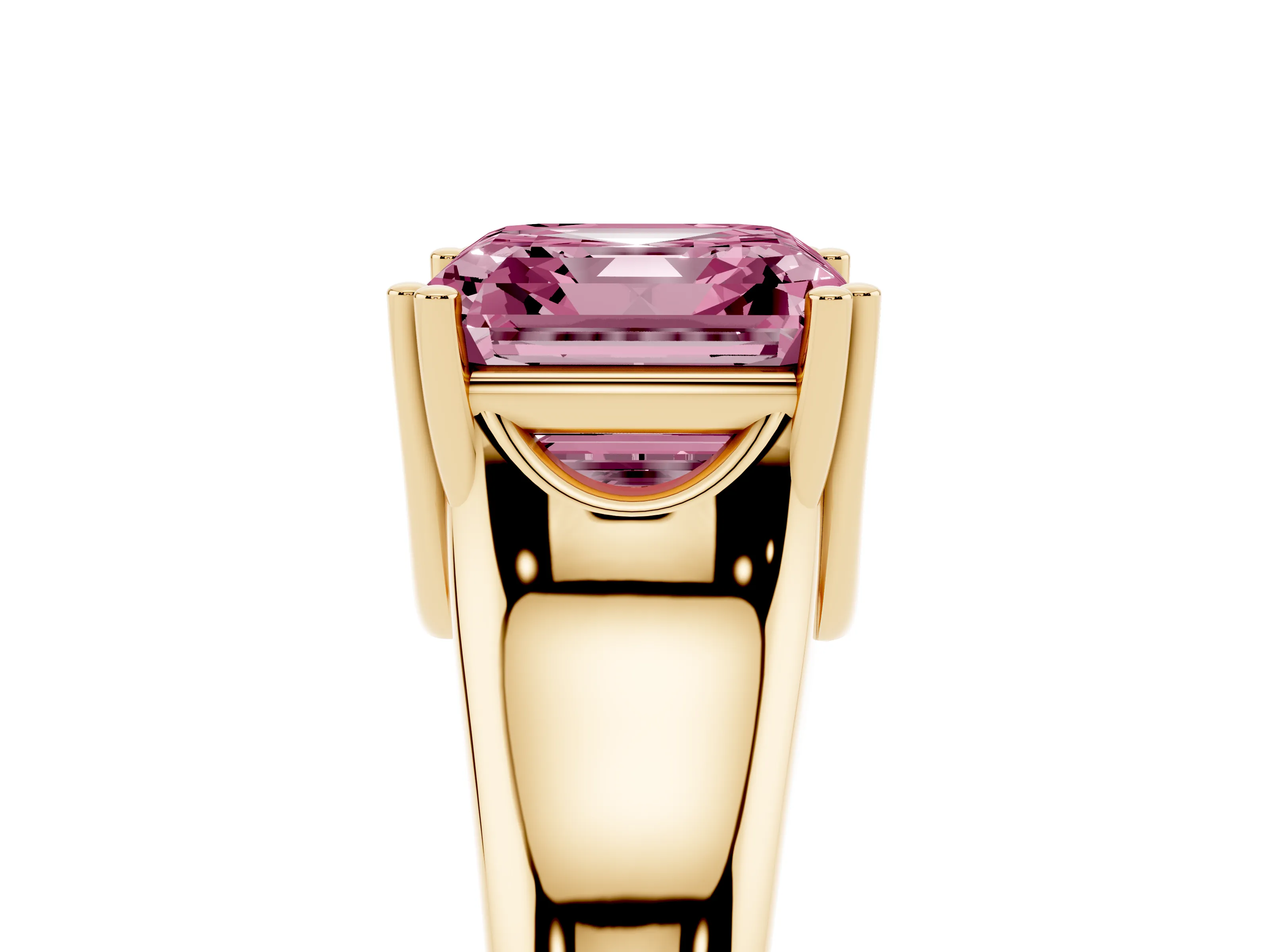 Fancy Pink Asscher Cut Diamond Solitaire Ring Set in Yellow gold with Wide Band and Prong Setting