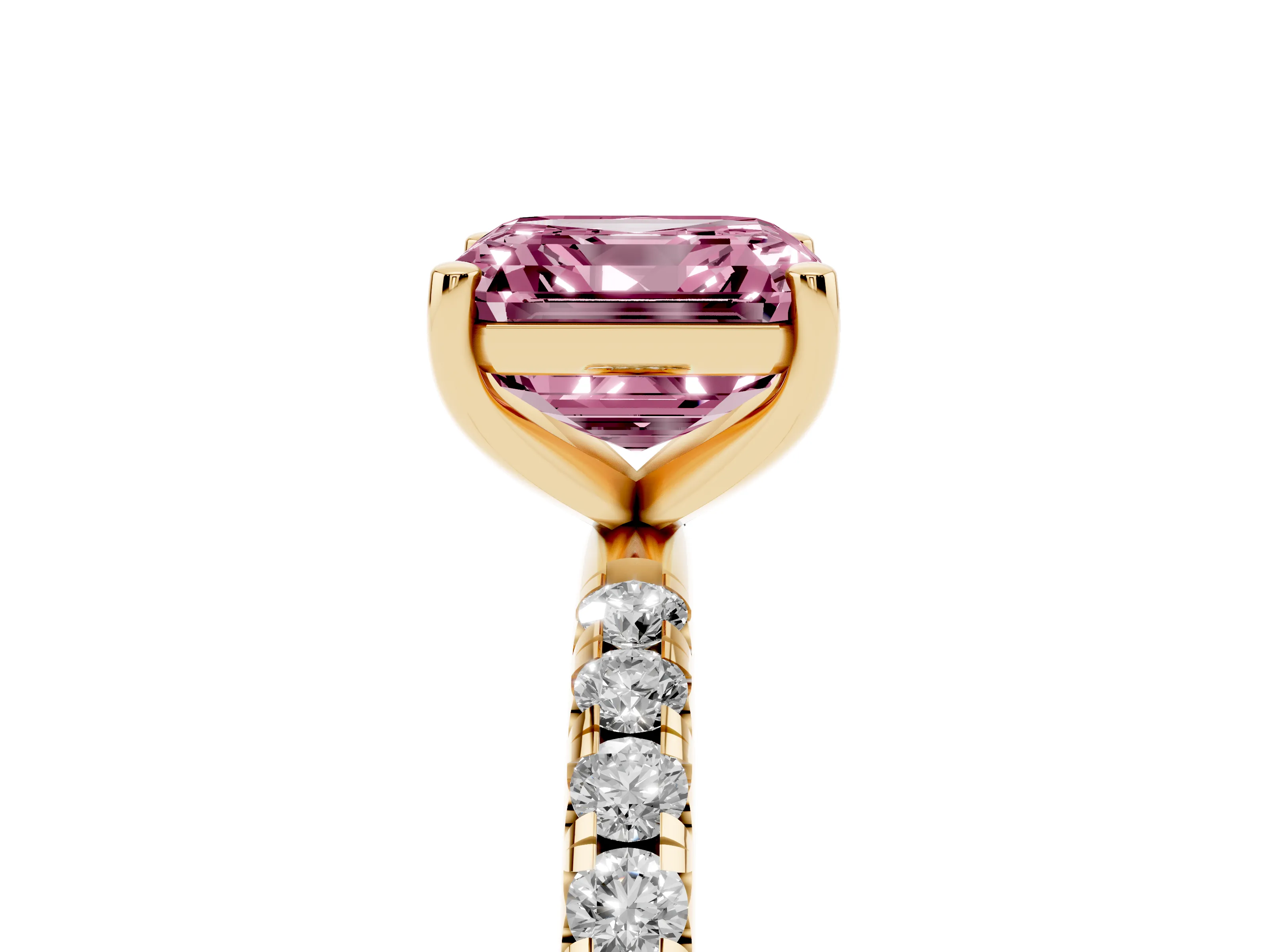 Fancy Pink Asscher Cut Diamond Solitaire Ring Set in Yellow gold with Micro Pavé Band and Prong Setting