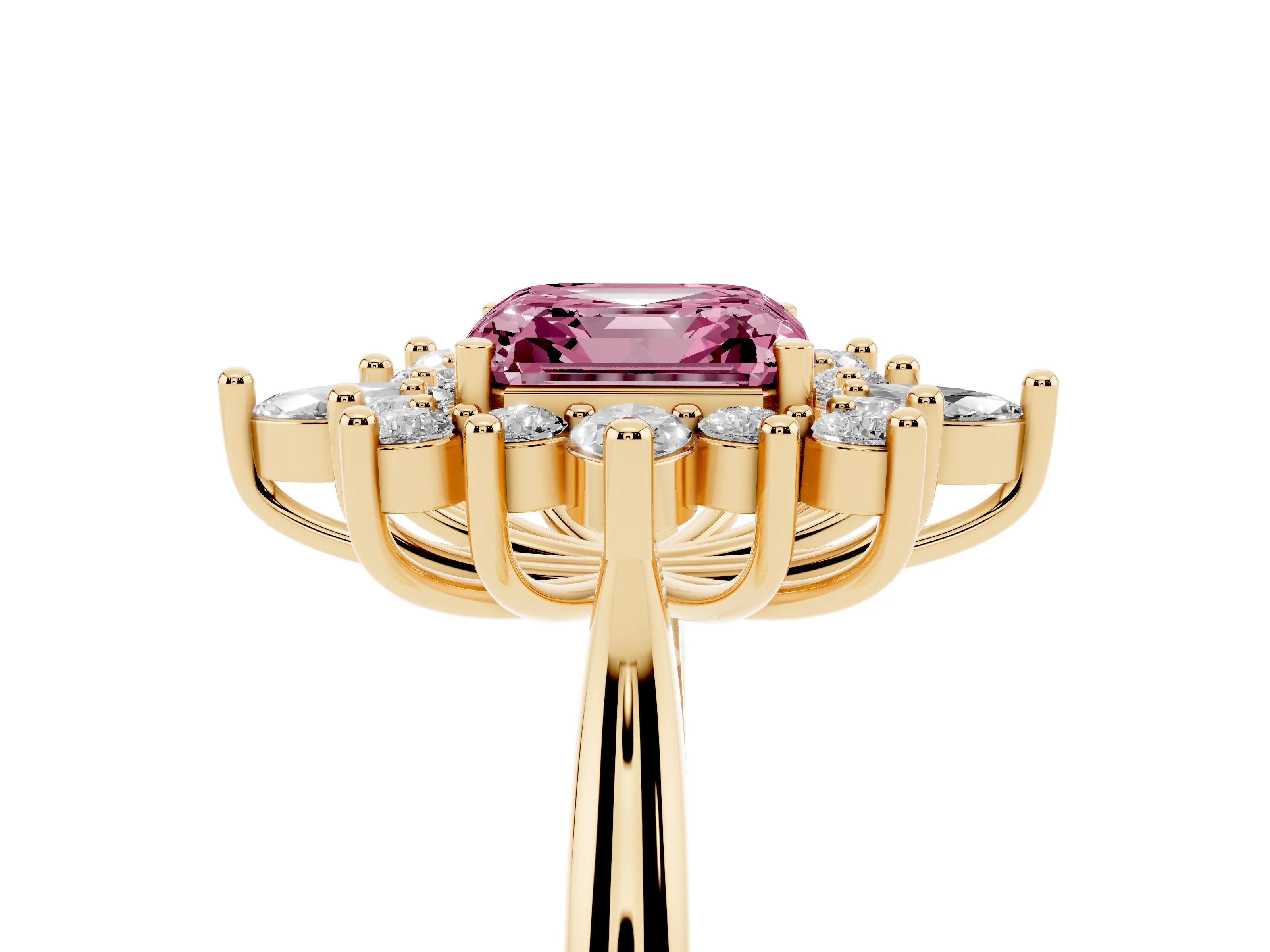 Fancy Pink Asscher Cut Diamond Cluster Halo Ring Set in Yellow gold with Marquise and Round Accents