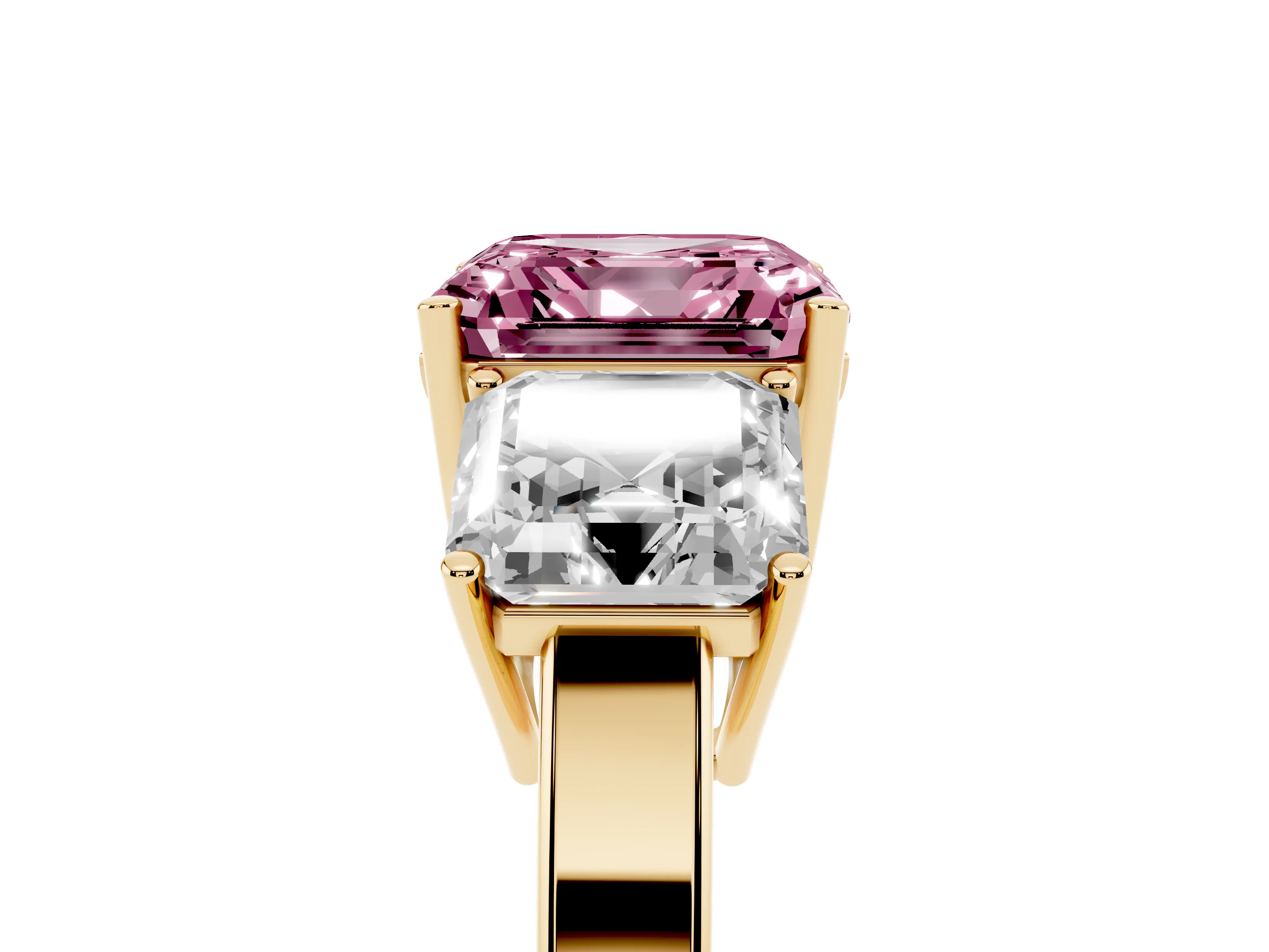 Fancy Pink Asscher Cut Diamond Three-Stone Engagement Ring Set in Yellow gold with Flat Band