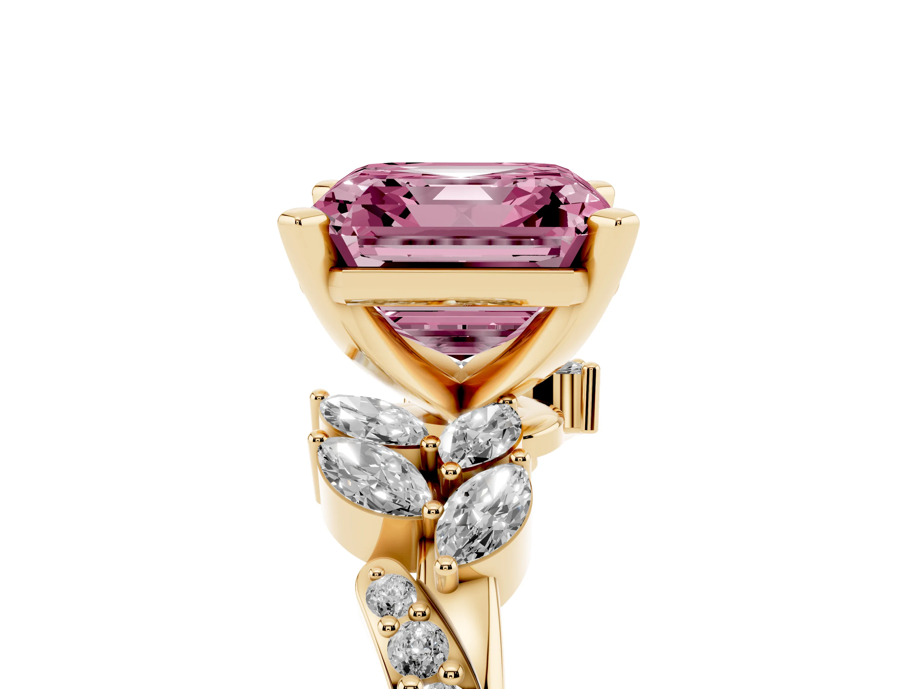 Fancy Pink Asscher Cut Diamond Solitaire Ring Set in Yellow gold with Marquise Twist Band and Prong Setting