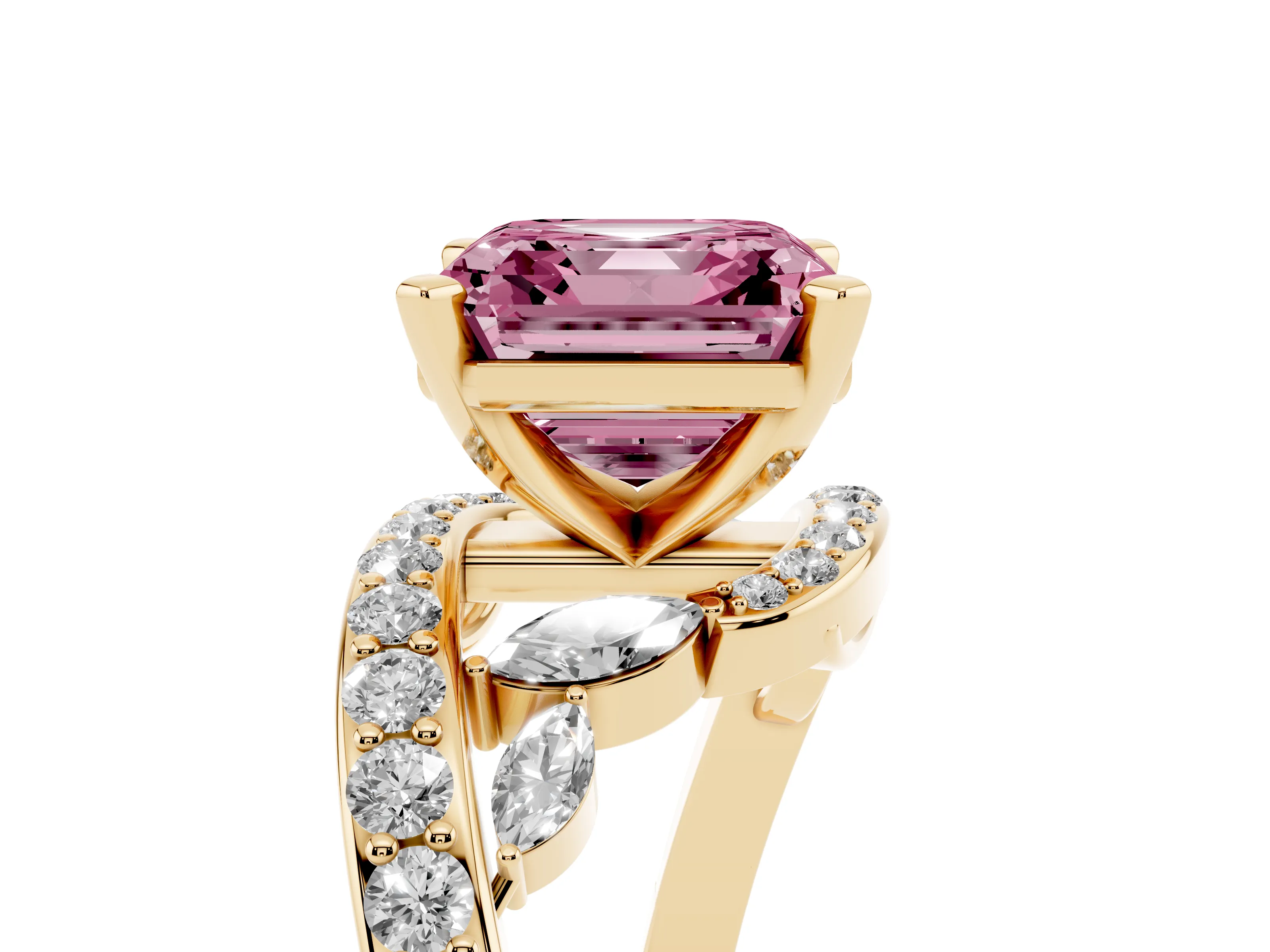 Fancy Pink Asscher Cut Diamond Solitaire Ring Set in Yellow gold with Pavé Twist Band and Secure Prong Setting