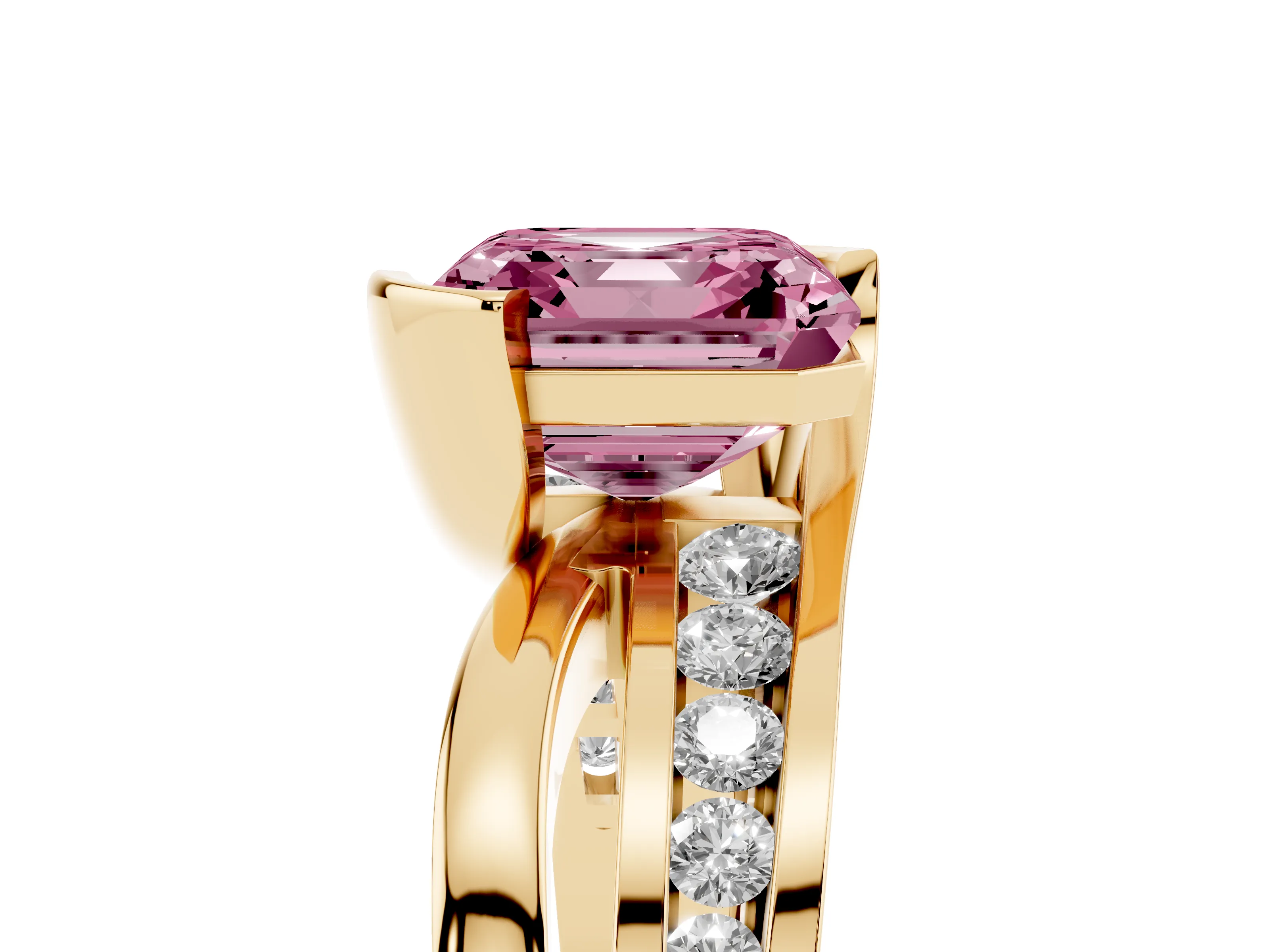 Fancy Pink Asscher Cut Diamond Solitaire Ring Set in Yellow gold with Channel Set Split Shank and Tension Prongs