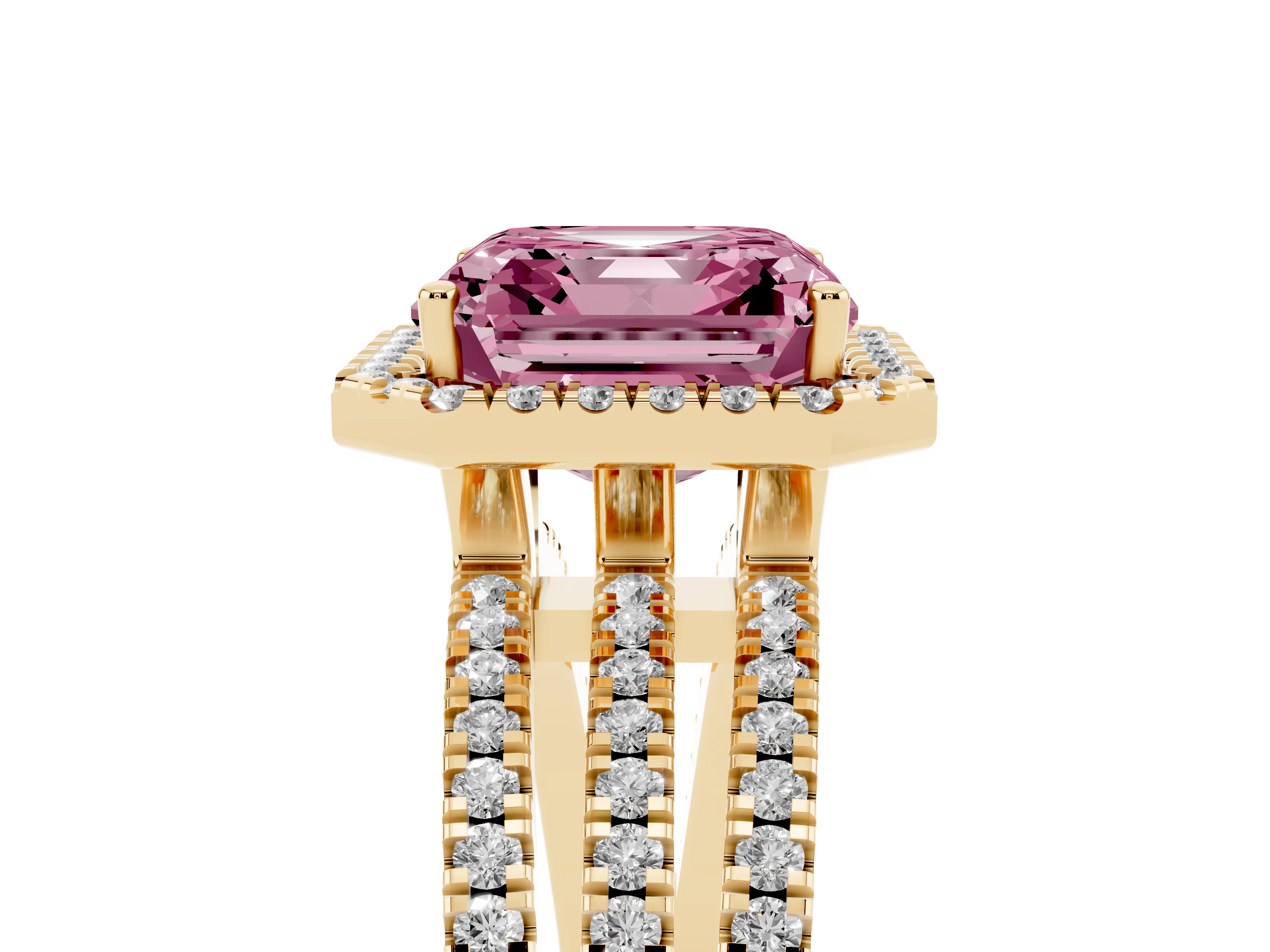 Fancy Pink Asscher Cut Diamond Halo Split Shank Engagement Ring Set in Yellow gold with Prong Setting