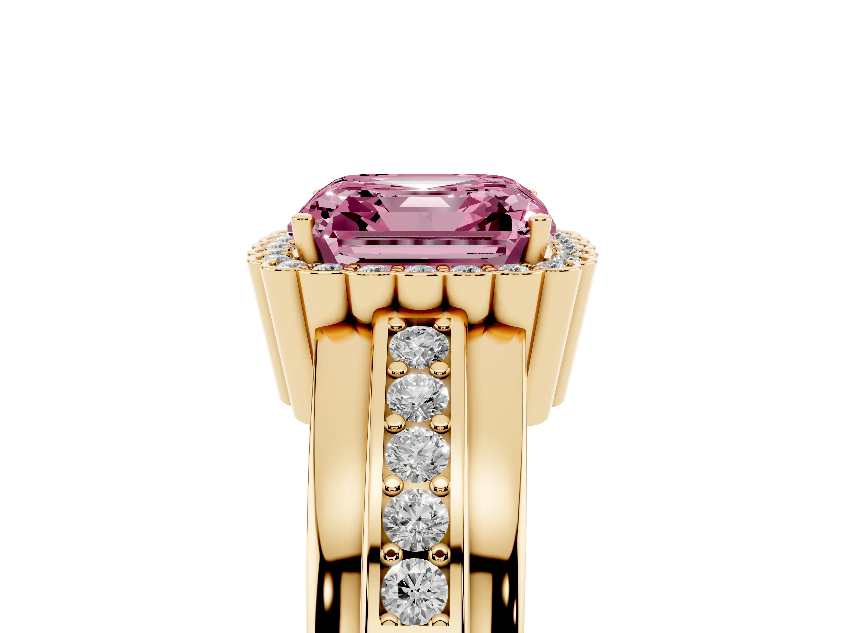Fancy Pink Asscher Cut Diamond Halo Prong Ring Set in Yellow gold with Pavé Band