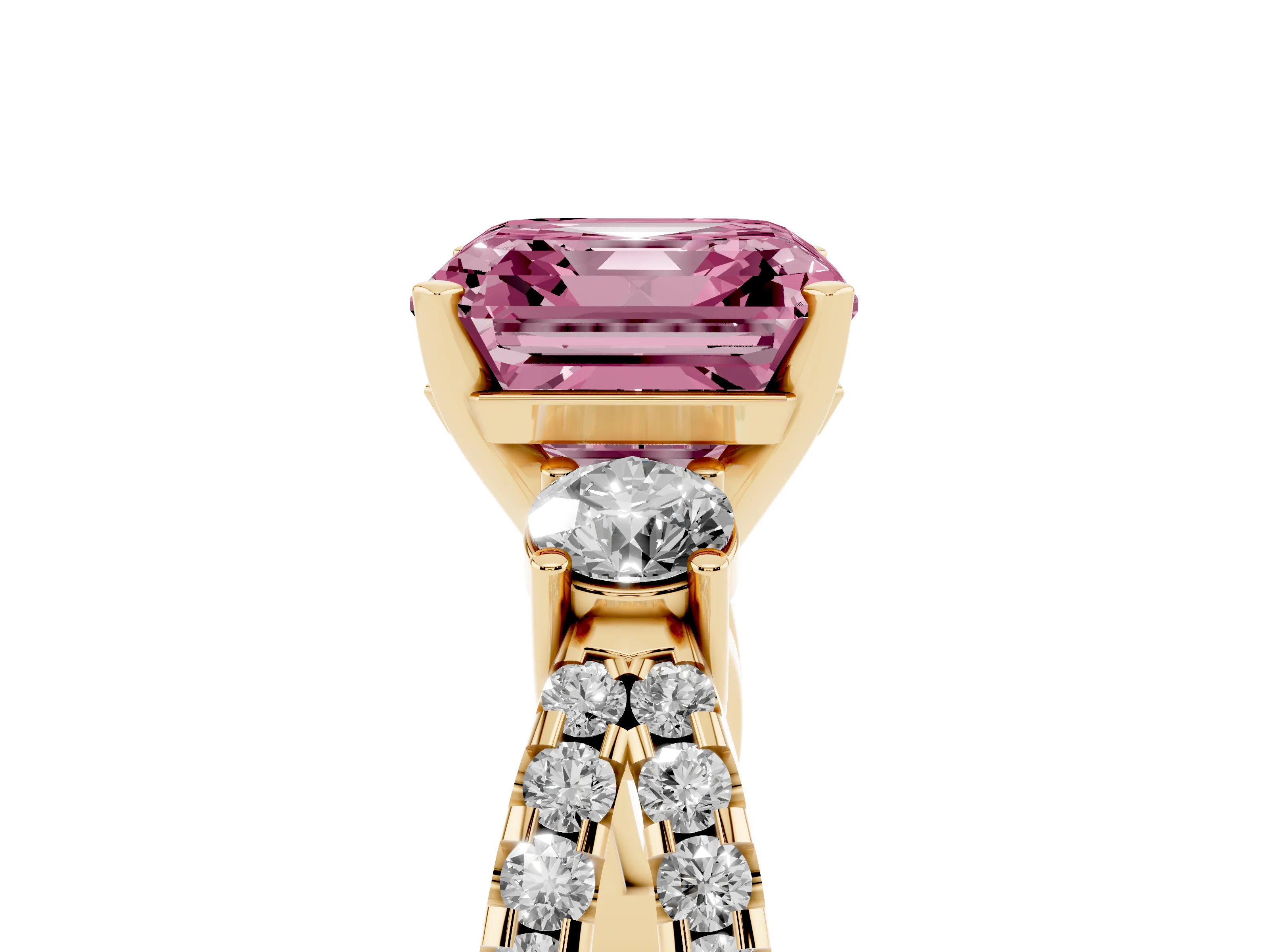 Fancy Pink Asscher Cut Diamond Three-Stone Ring Set in Yellow gold with Pavé Split Shank and Prong Setting