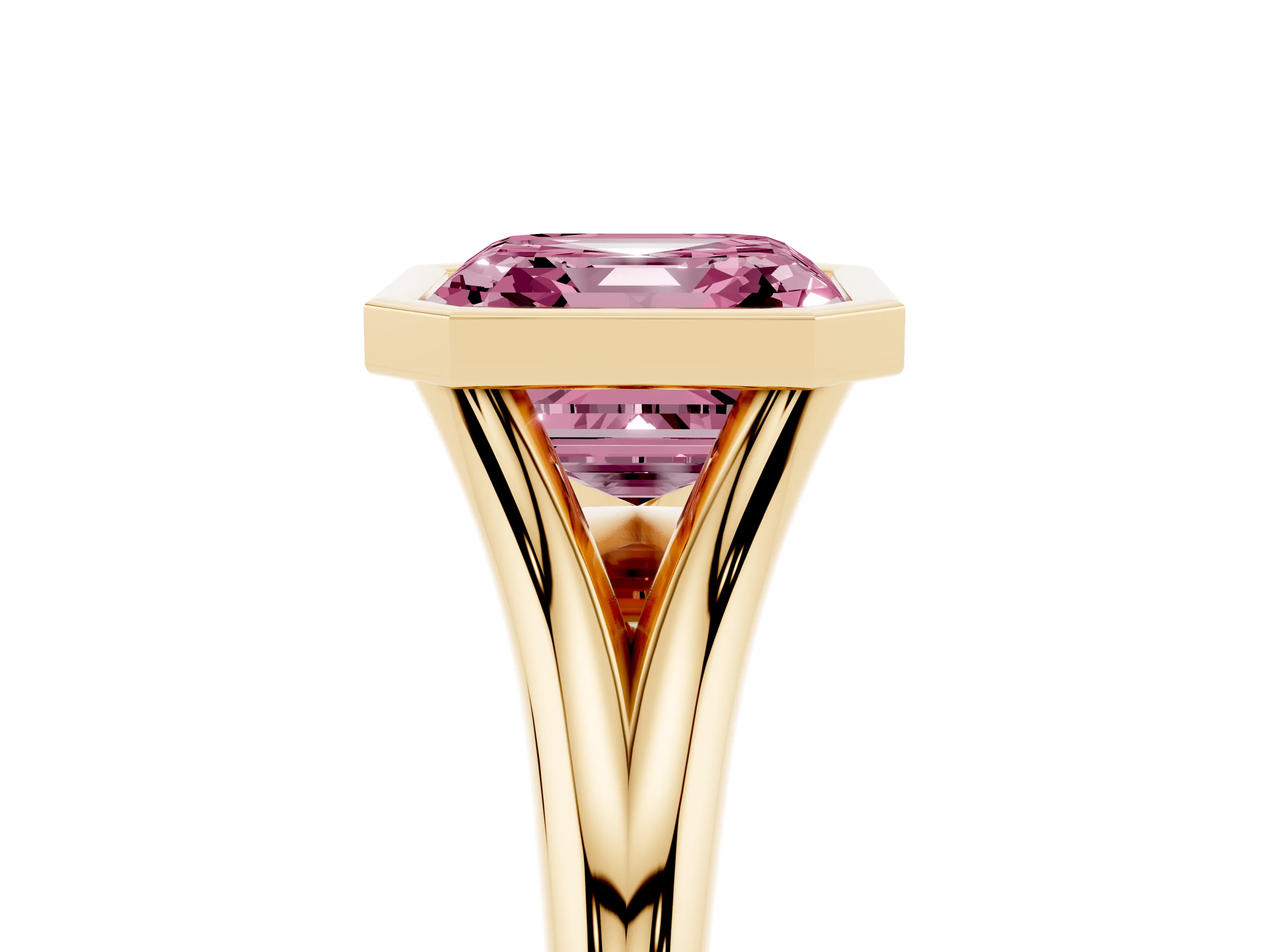 Fancy Pink Bezel Set Asscher Cut Diamond Solitaire Ring Set in Yellow gold with Tapered Band