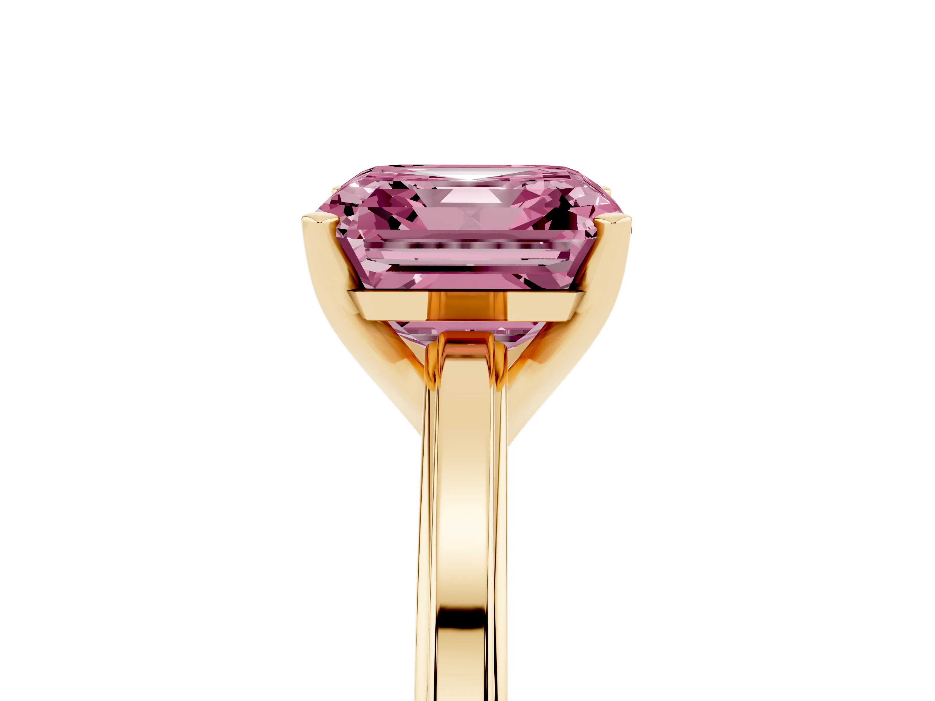 Fancy Pink Asscher Cut Diamond Solitaire Ring Set in Yellow gold with Prong Setting and Classic Band