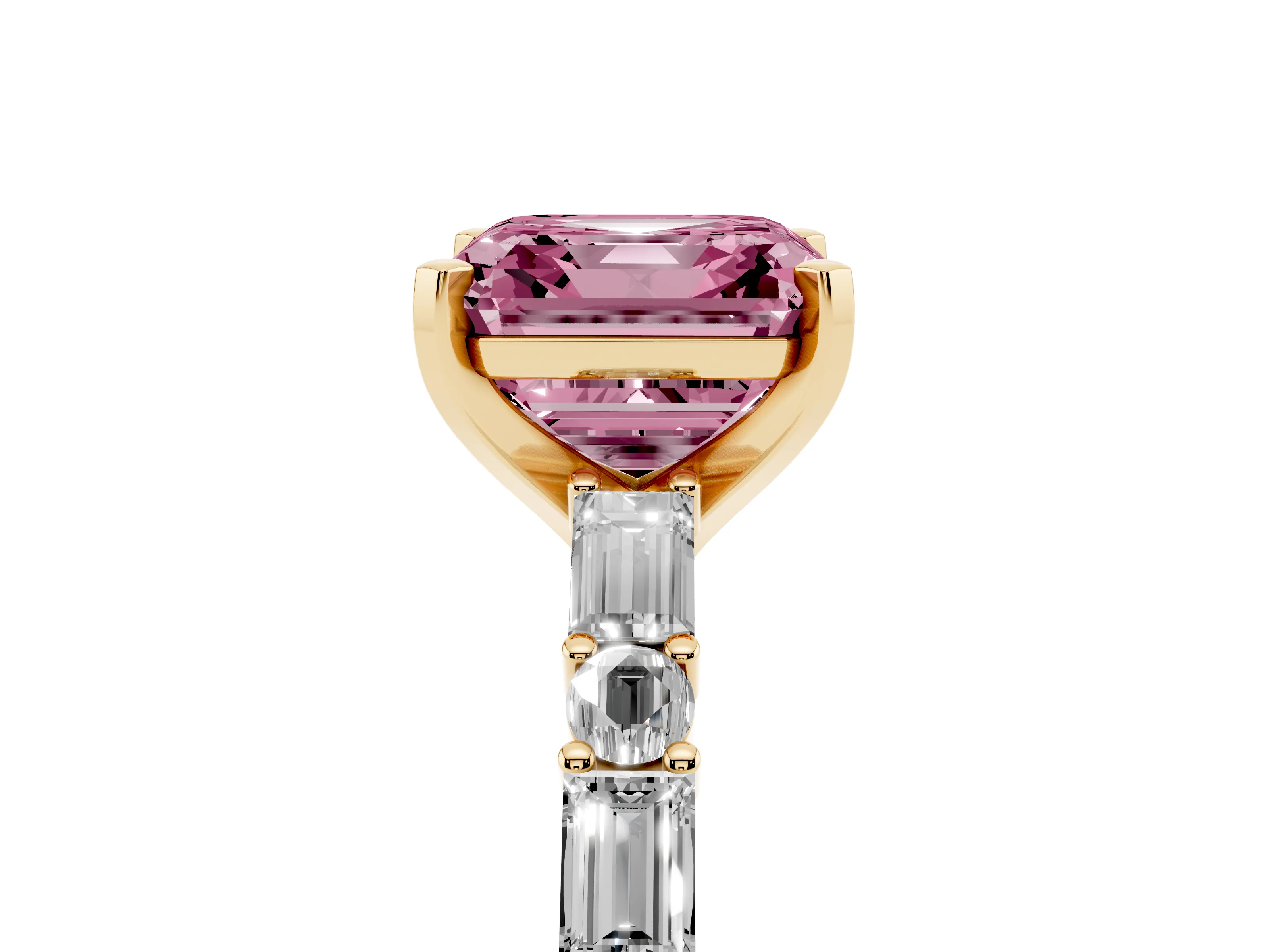 Fancy Pink Asscher Cut Diamond Solitaire Set in Yellow gold with Side Baguettes and Channel Set Band