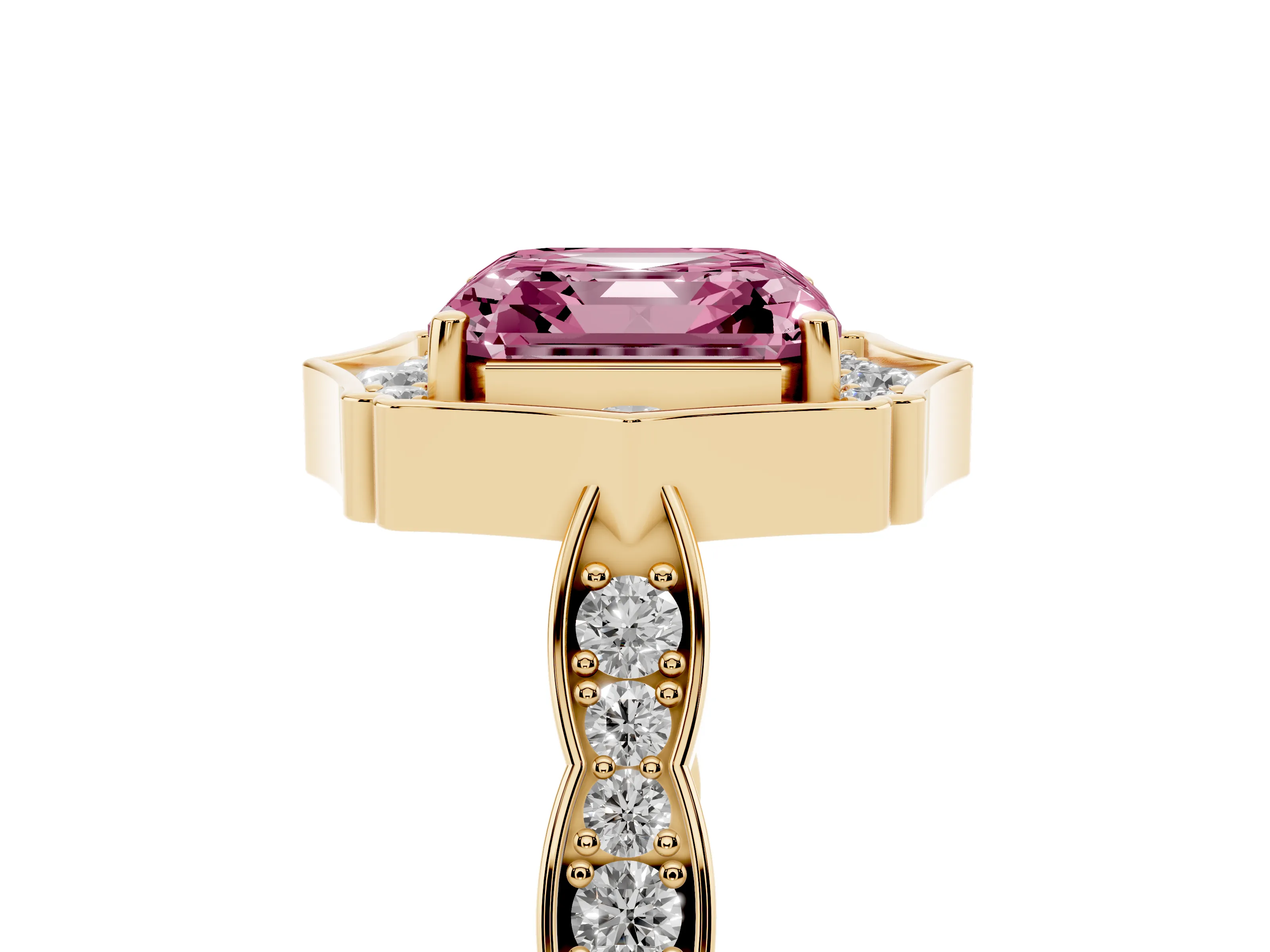 Fancy Pink Asscher Cut Diamond Halo Engagement Ring Set in Yellow gold with Milgrain Band and Prong Setting