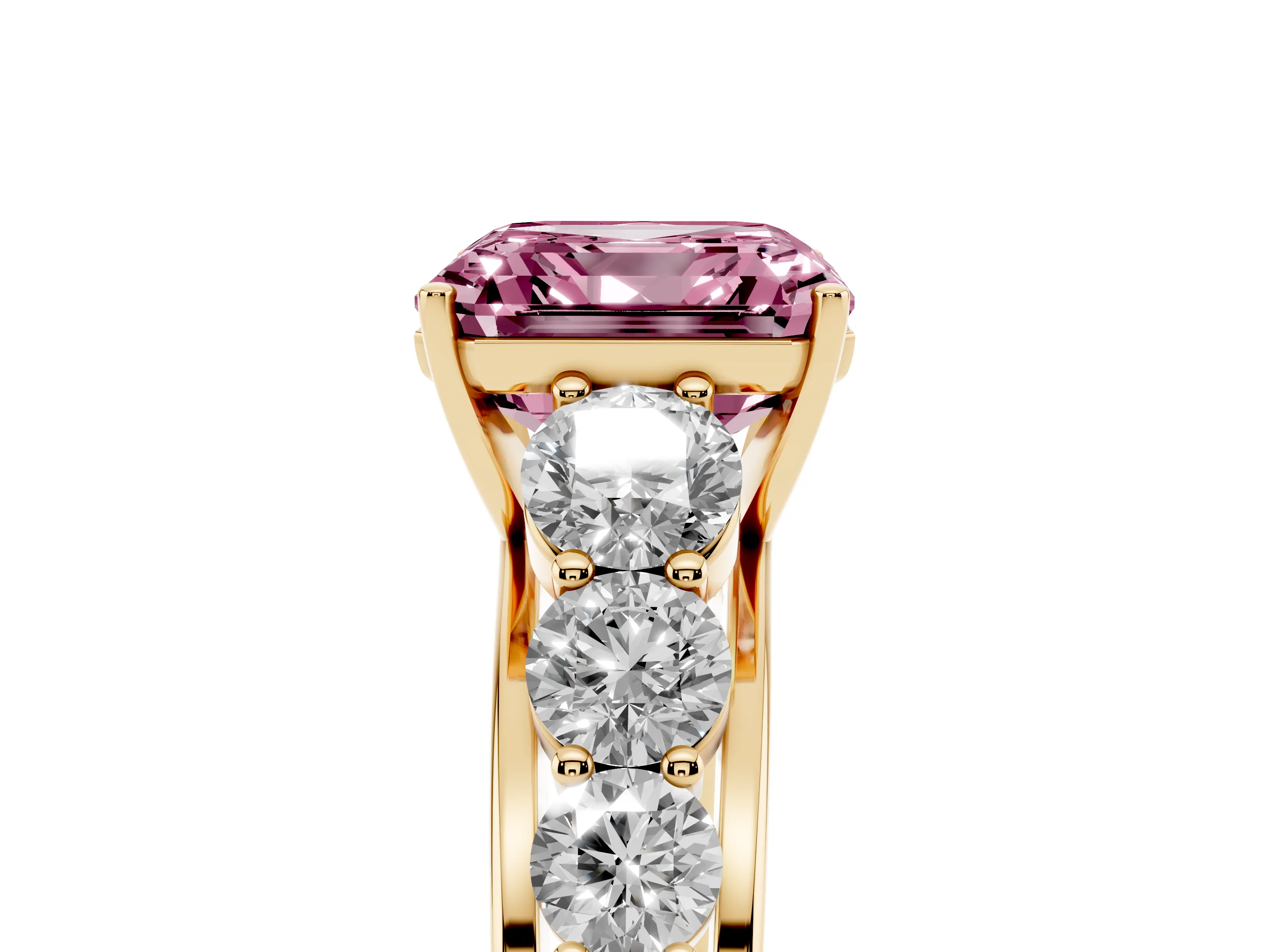 Fancy Pink Asscher Cut Diamond Solitaire Ring Set in Yellow gold with Pavé-Set Band and Prong Setting