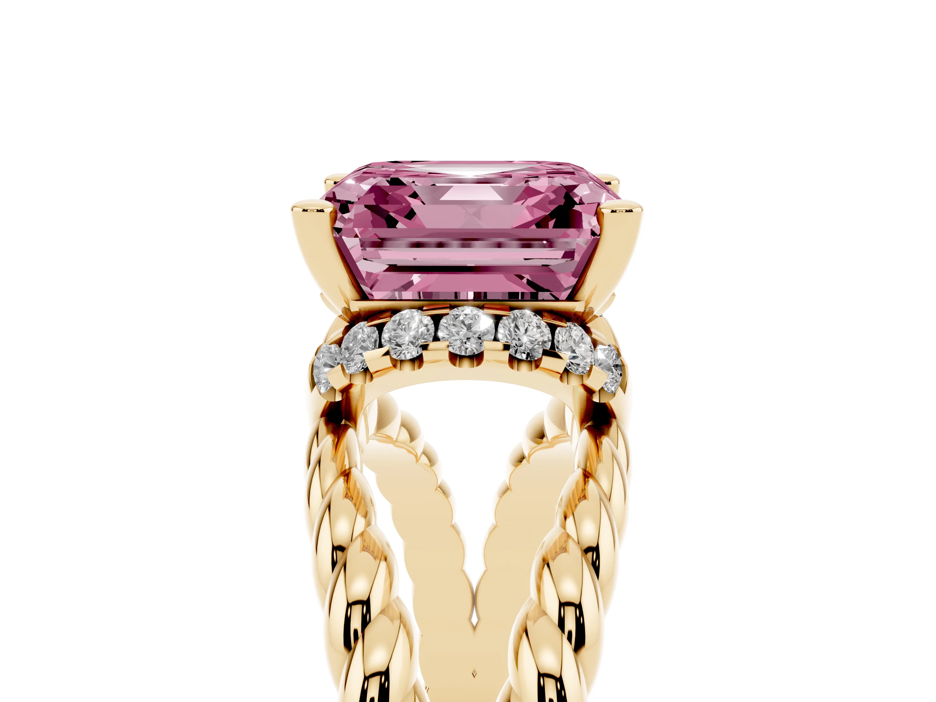 Fancy Pink Asscher Cut Diamond Halo Ring Set in Yellow gold with Twisted Band and Prong Setting