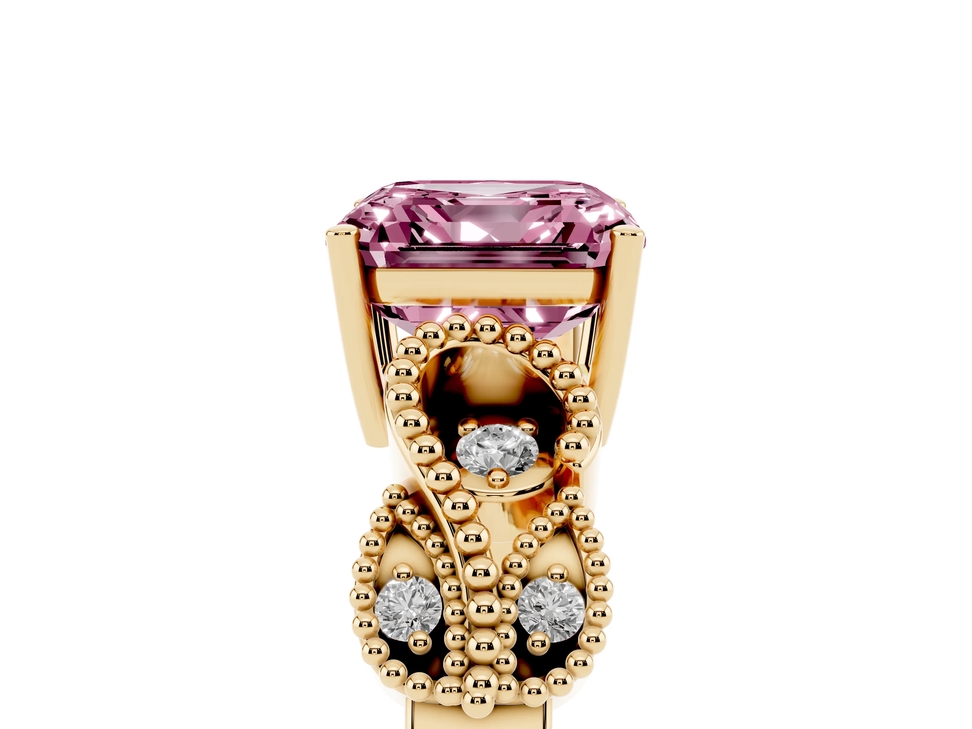 Fancy Pink Asscher Cut Diamond Milgrain Leaf Band Solitaire Ring Set in Yellow gold with Accent Stones and Prong Setting