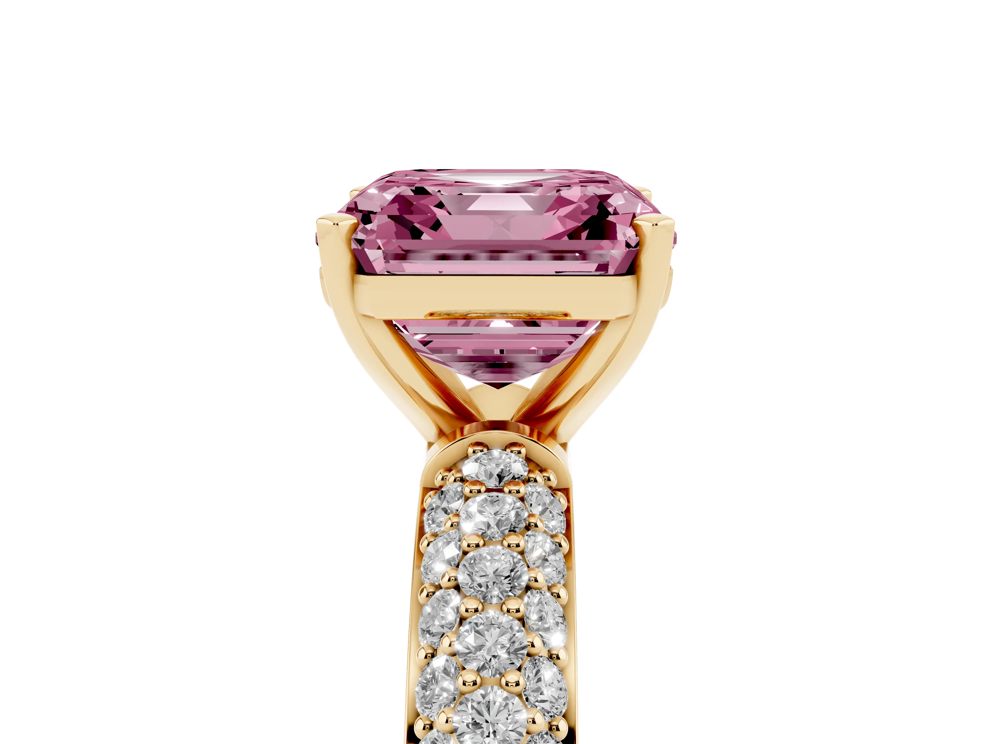 Fancy Pink Asscher Cut Diamond Solitaire Ring Set in Yellow gold with Prong Setting and Pavé-Set Band