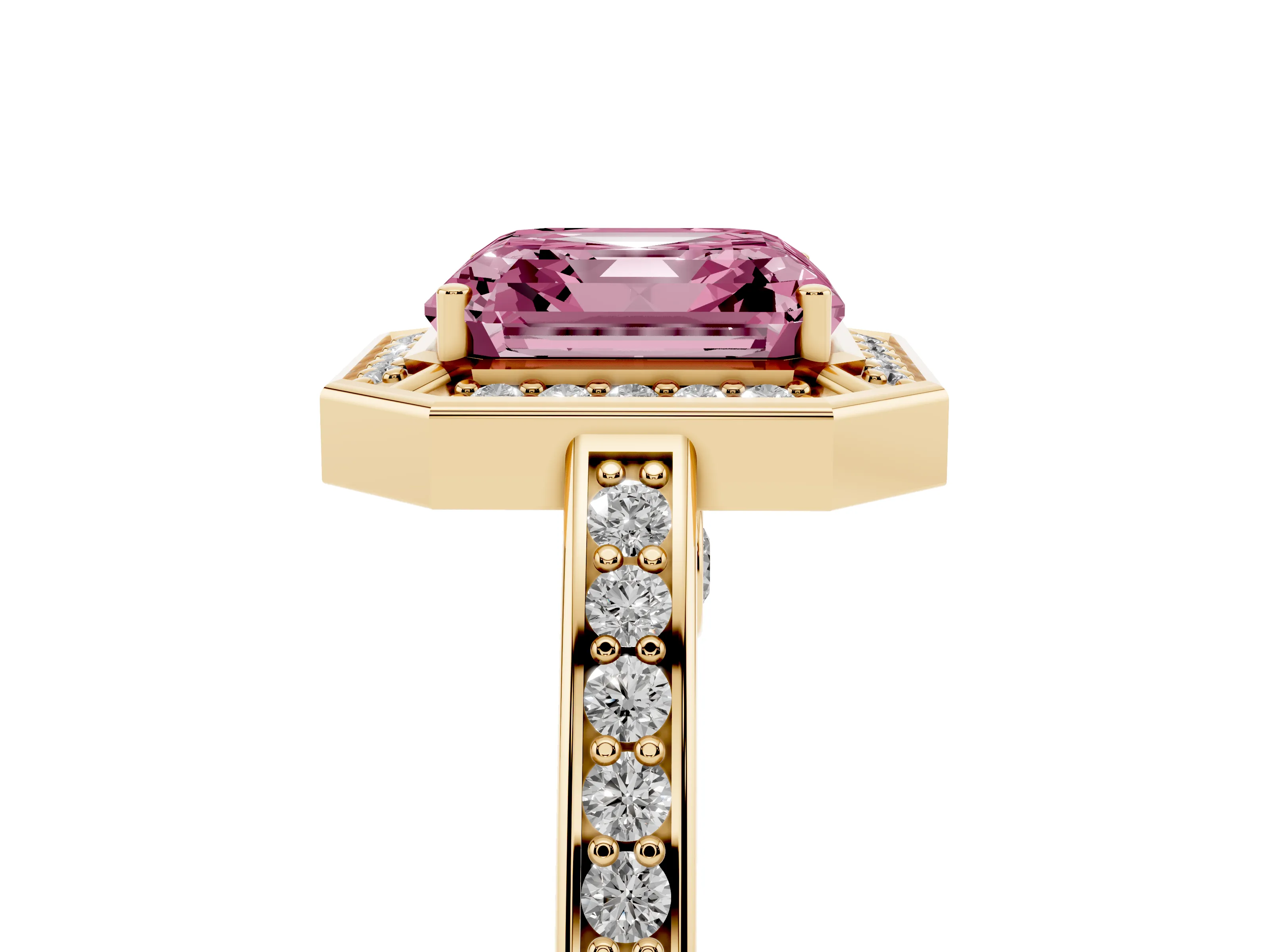 Fancy Pink Asscher Cut Diamond Halo Pavé Split Shank Ring Set in Yellow gold with Prong Setting