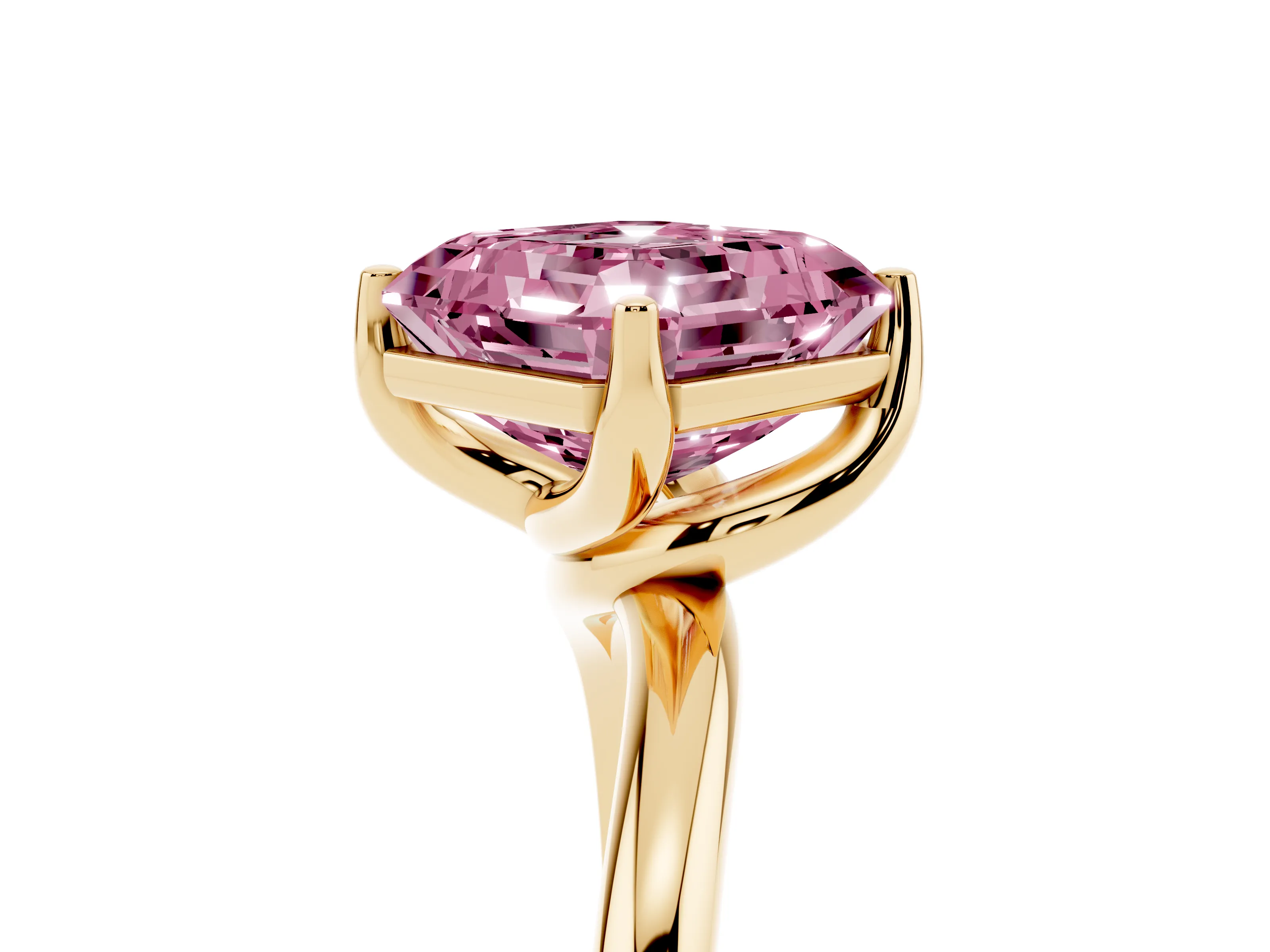 Fancy Pink Asscher Cut Diamond Solitaire Engagement Ring Set in Yellow gold with Classic Plain Band