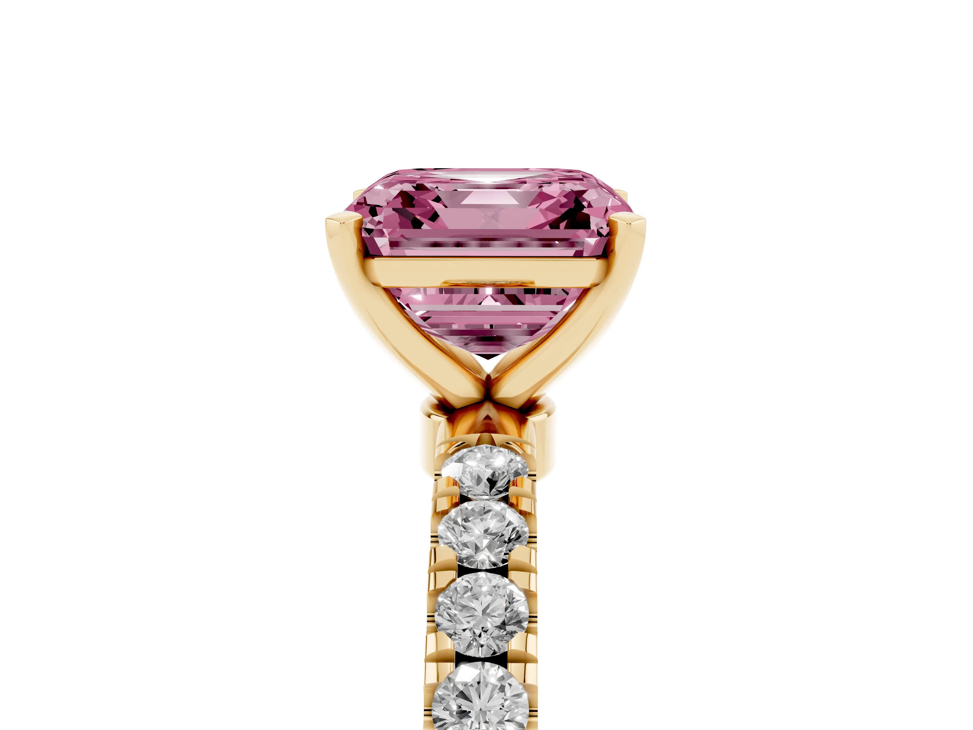Fancy Pink Asscher Cut Diamond Solitaire Ring Set in Yellow gold with Pavé Accents and Prong Setting