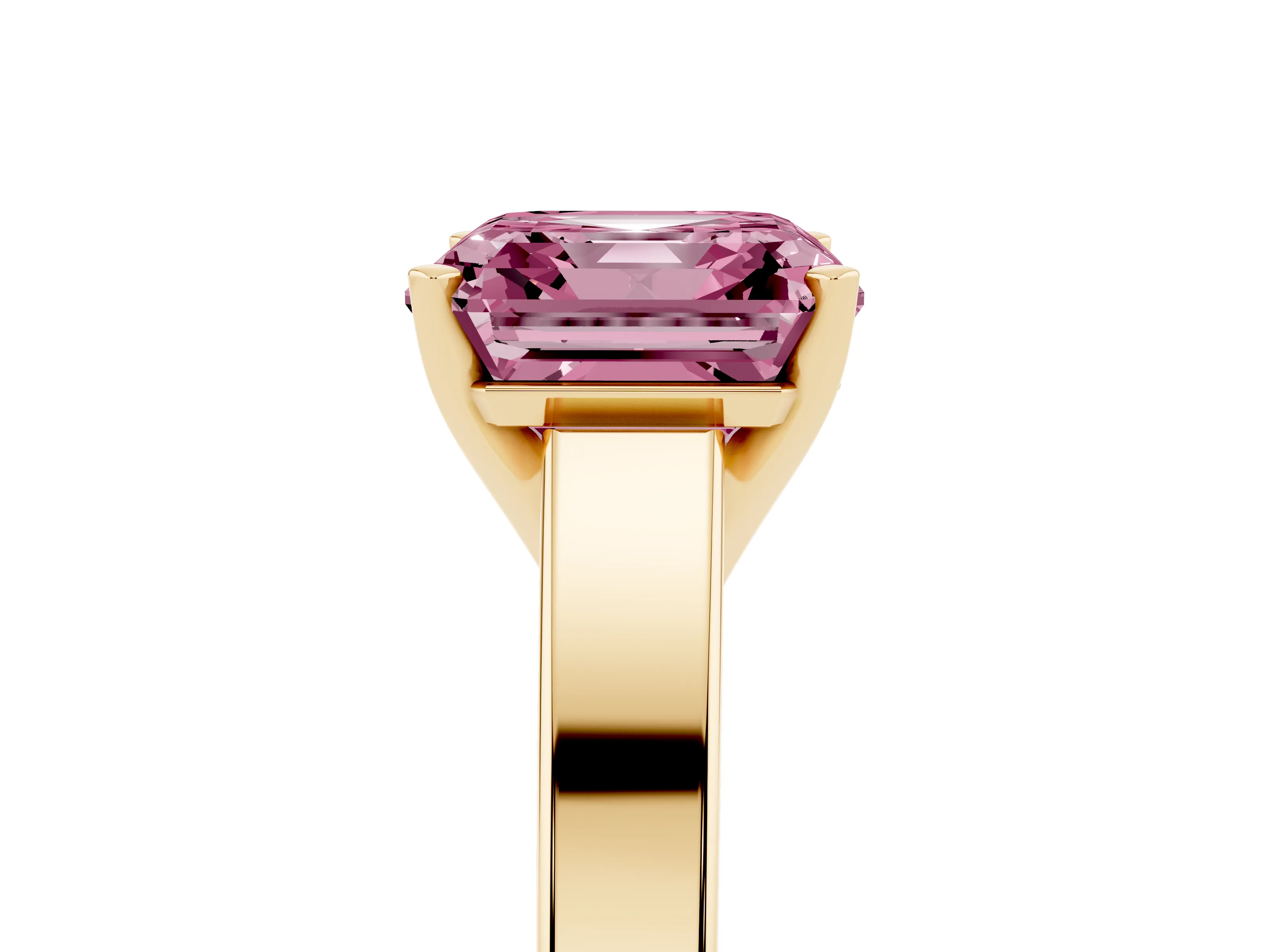 Fancy Pink Asscher Cut Diamond Solitaire Engagement Ring Set in Yellow gold with Prong Setting and Tapered Band