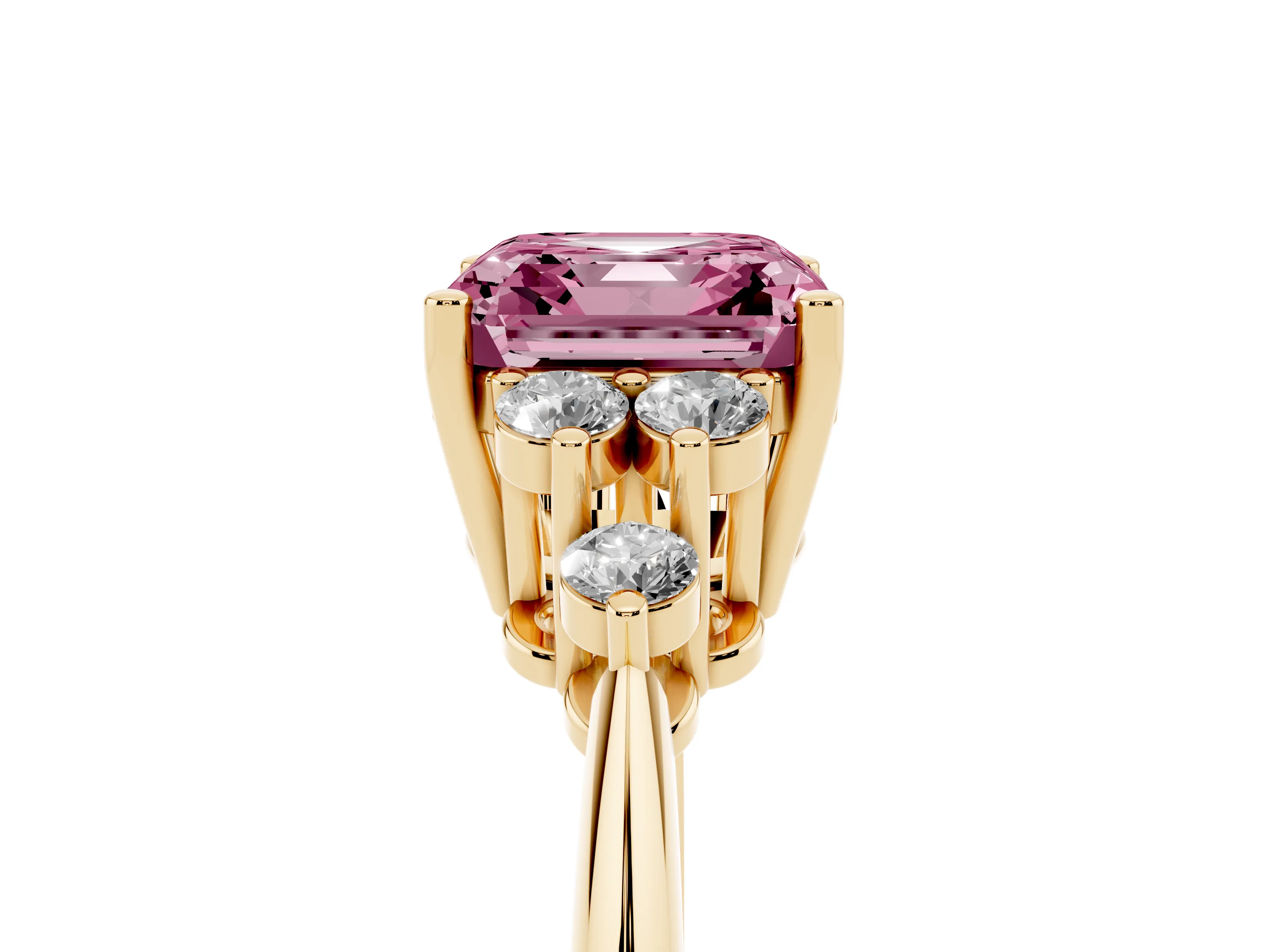 Fancy Pink Asscher Cut Diamond Cluster Ring Set in Yellow gold with Plain Band and Prong Setting