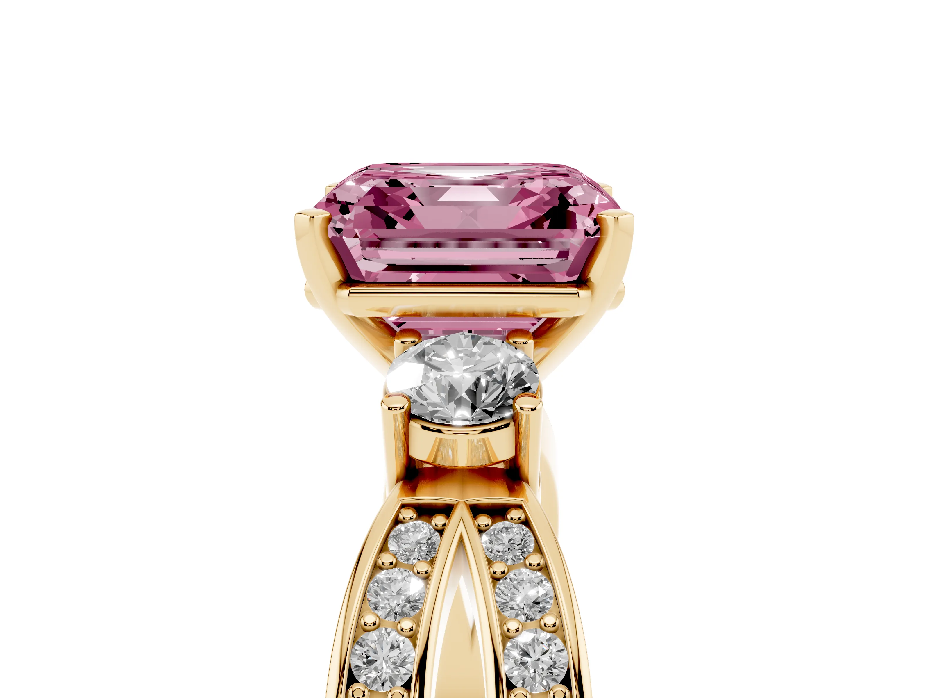 Fancy Pink Three-Stone Asscher Cut Diamond Twist Band Ring Set in Yellow gold with Pavé Accents and Prong Setting