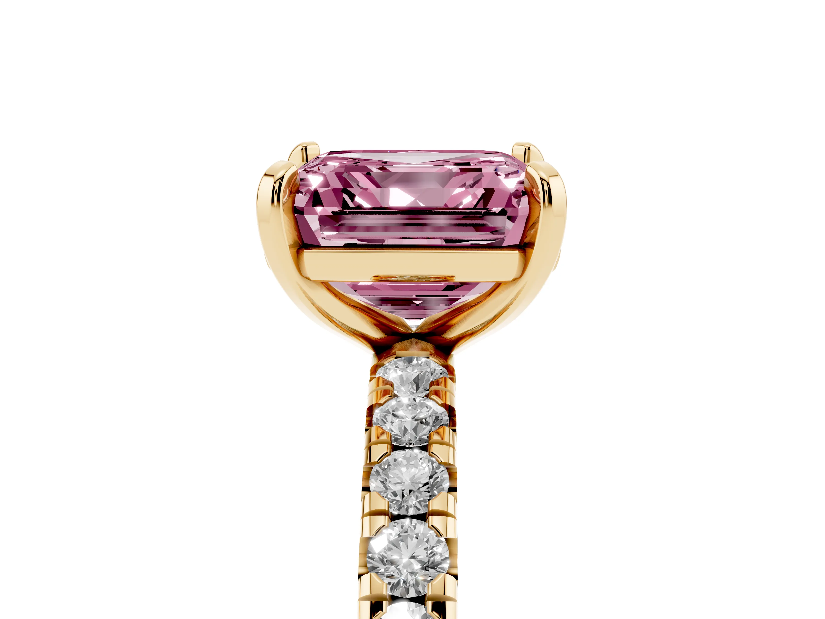 Fancy Pink Asscher Cut Diamond Pavé Solitaire Ring Set in Yellow gold with Round Band and Prong Setting