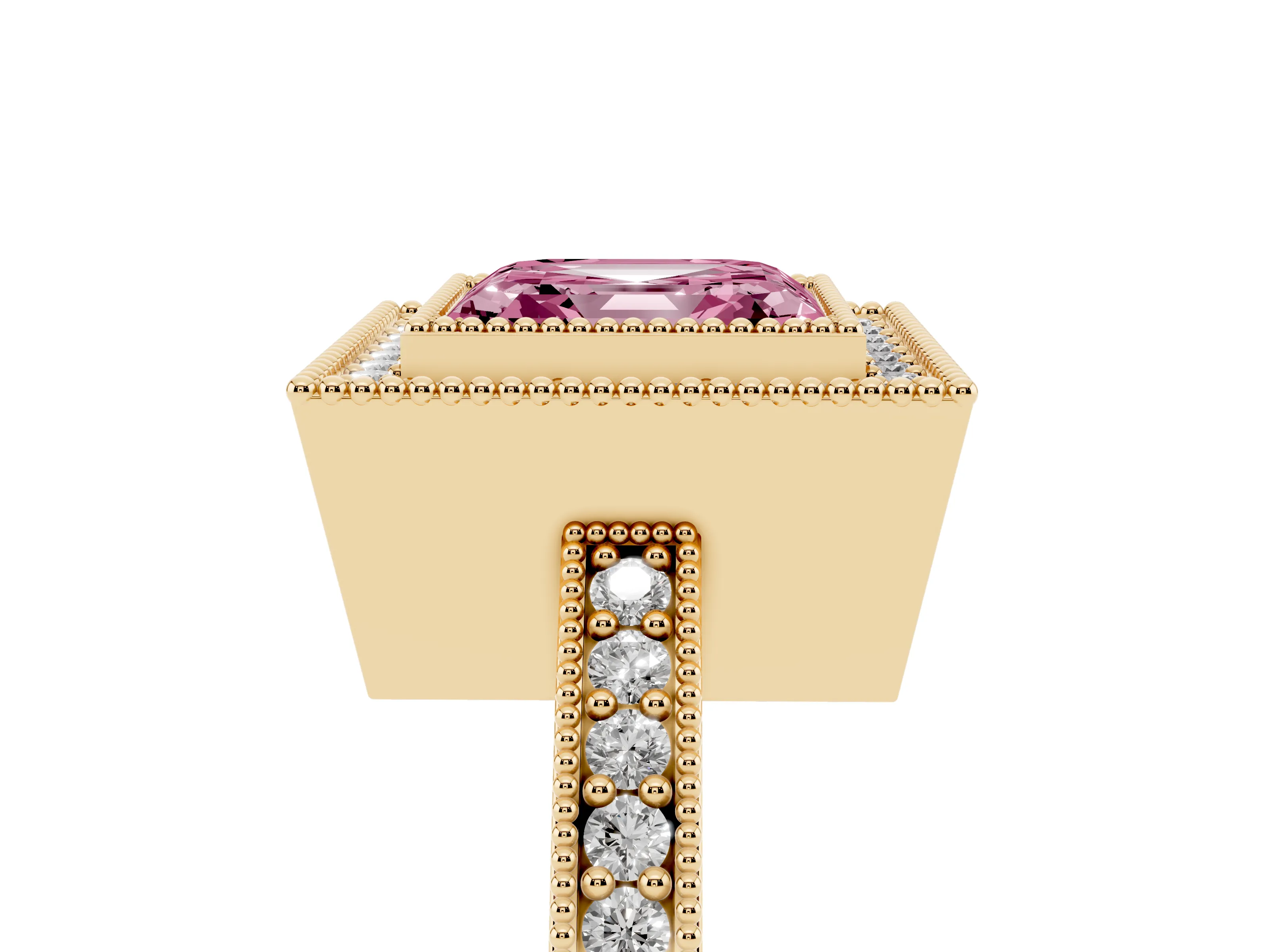 Fancy Pink Asscher Cut Diamond Halo Engagement Ring Set in Yellow gold with Pavé Band and Round Halo Stones