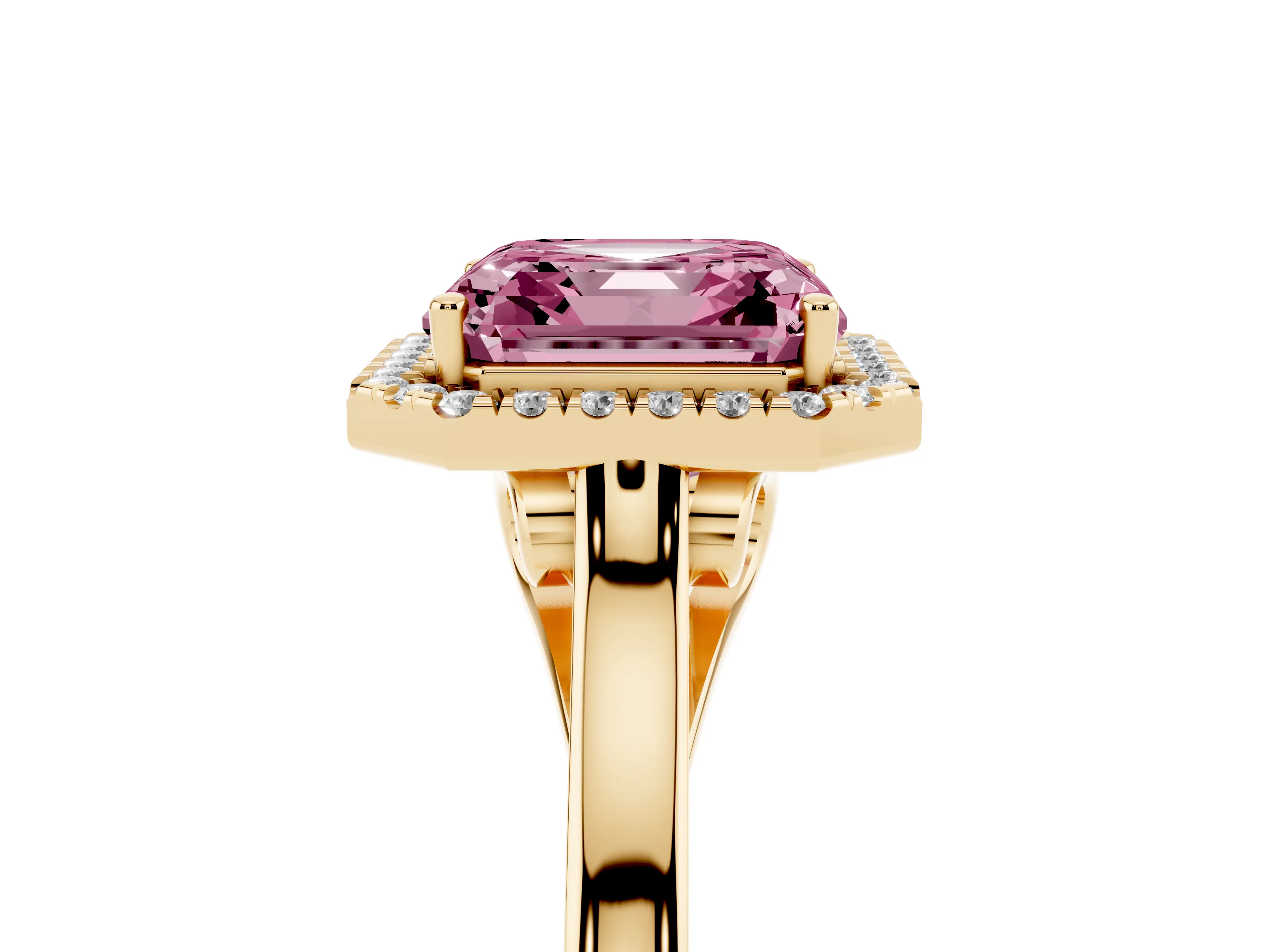 Fancy Pink Asscher Cut Halo Round Diamond Solitaire Ring Set in Yellow gold with Pavé Band and Prong Setting