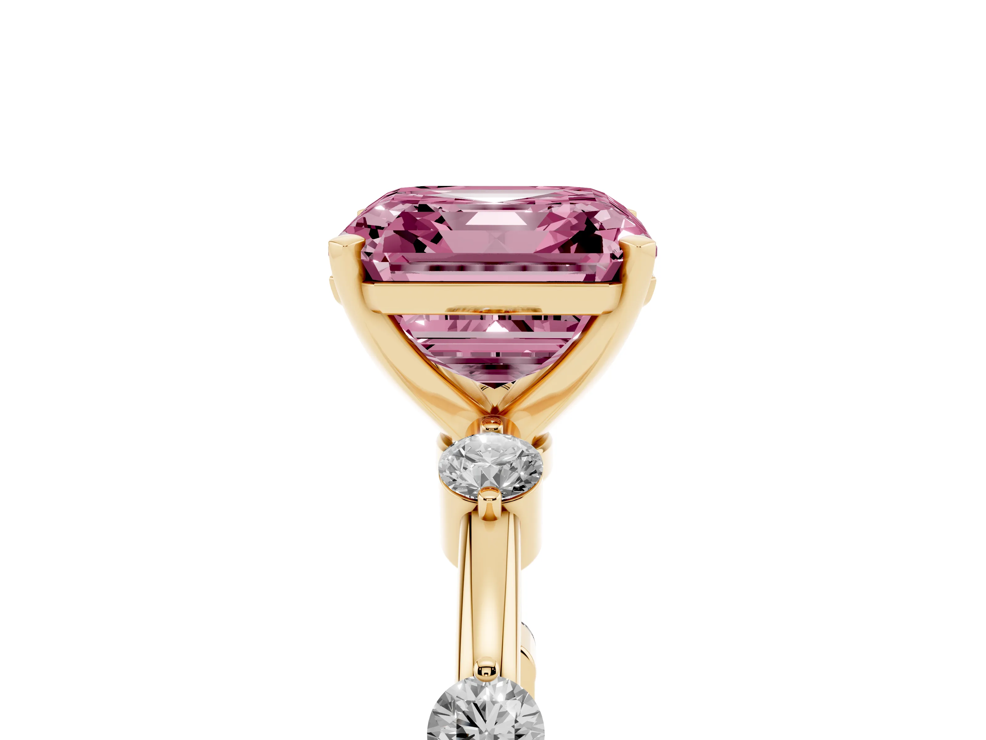 Fancy Pink Asscher Cut Diamond Solitaire Ring Set in Yellow gold with Bezel Set Side Stones and Prong Setting