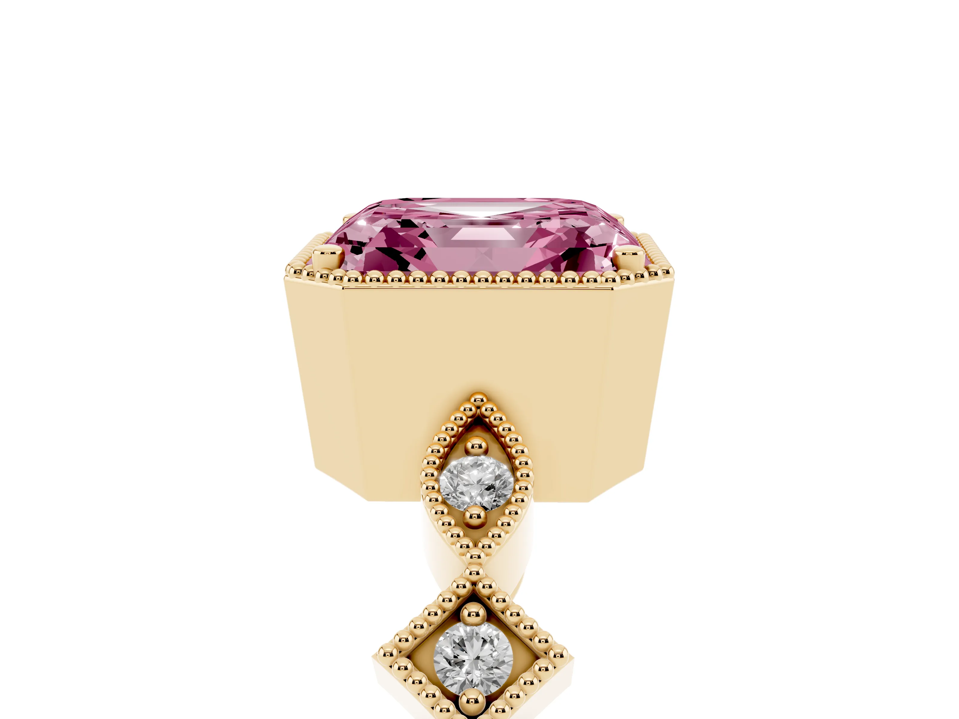 Fancy Pink Asscher Cut Diamond Milgrain Marquise Twist Band Ring Set in Yellow gold with Prong Setting