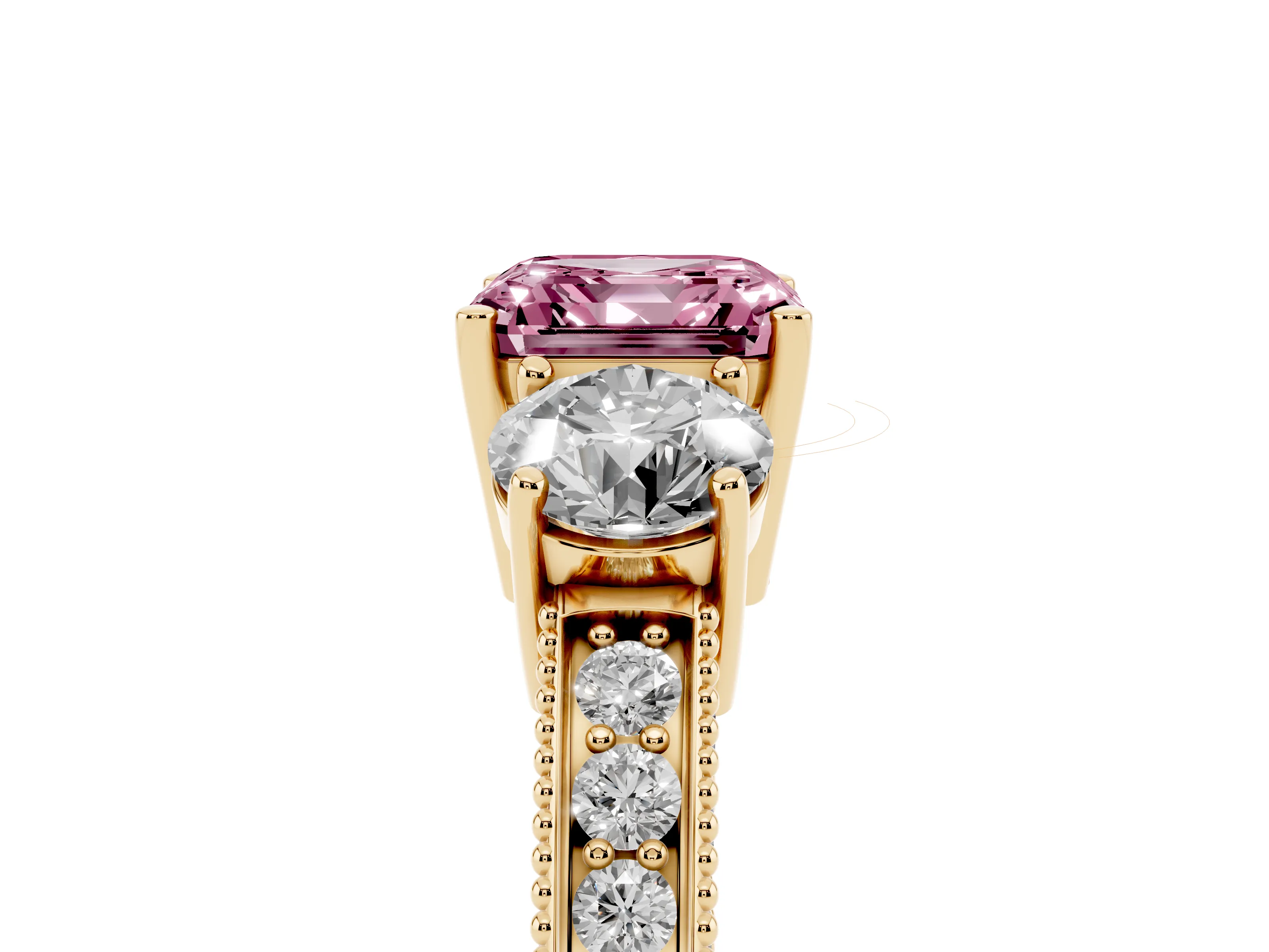 Fancy Pink Asscher Cut Diamond Three-Stone Ring Set in Yellow gold with Round Side Stones and Pavé Band