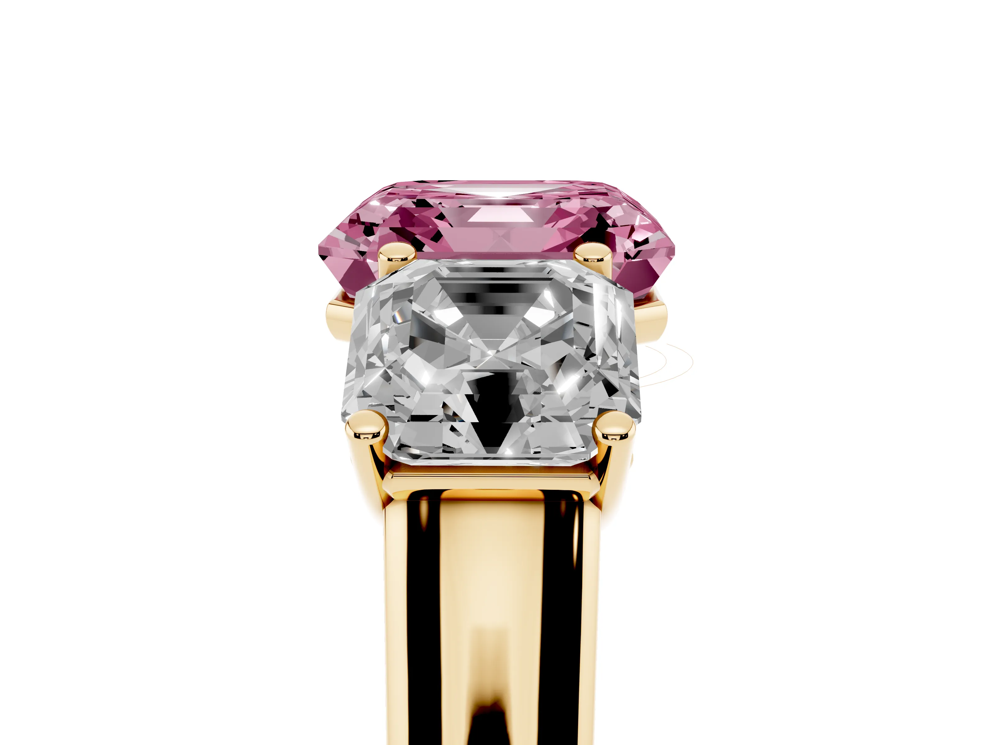 Fancy Pink Asscher Cut Diamond Three-Stone Ring Set in Yellow gold with Plain Polished Band