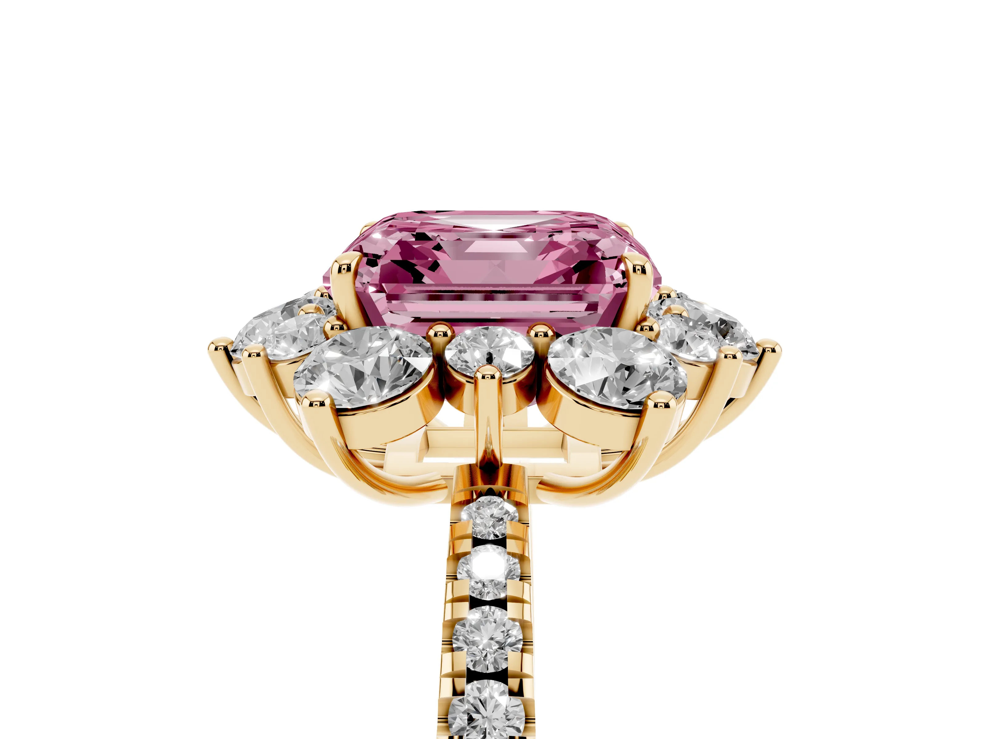 Fancy Pink Asscher Cut Diamond Floral Halo Ring Set in Yellow gold with Round Pavé Band and Prong Setting