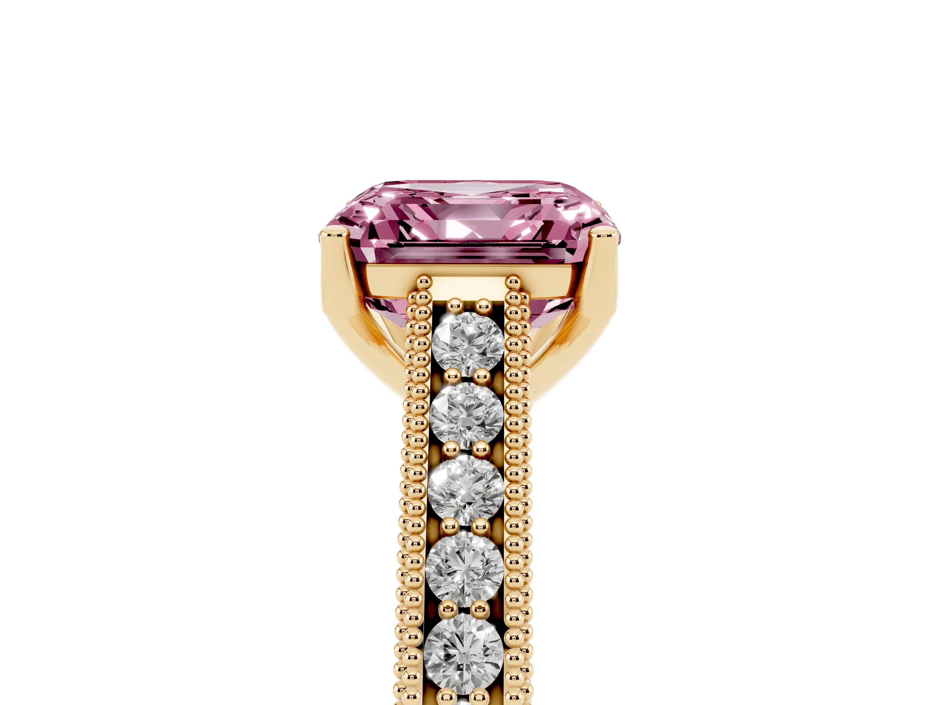 Fancy Pink Asscher Cut Diamond Milgrain Pavé Band Solitaire Ring Set in Yellow gold with Prong Setting