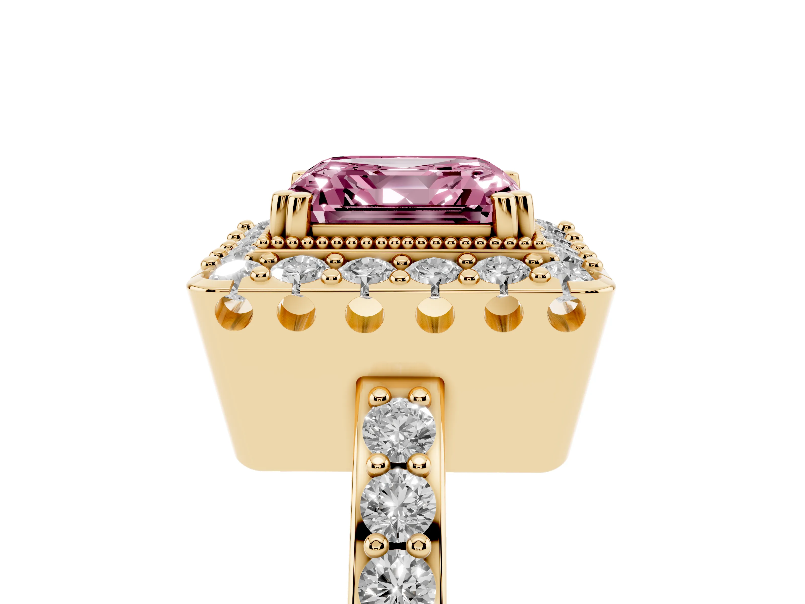 Fancy Pink Asscher Cut Diamond Halo Ring Set in Yellow gold with Pavé Shank and Prong Setting