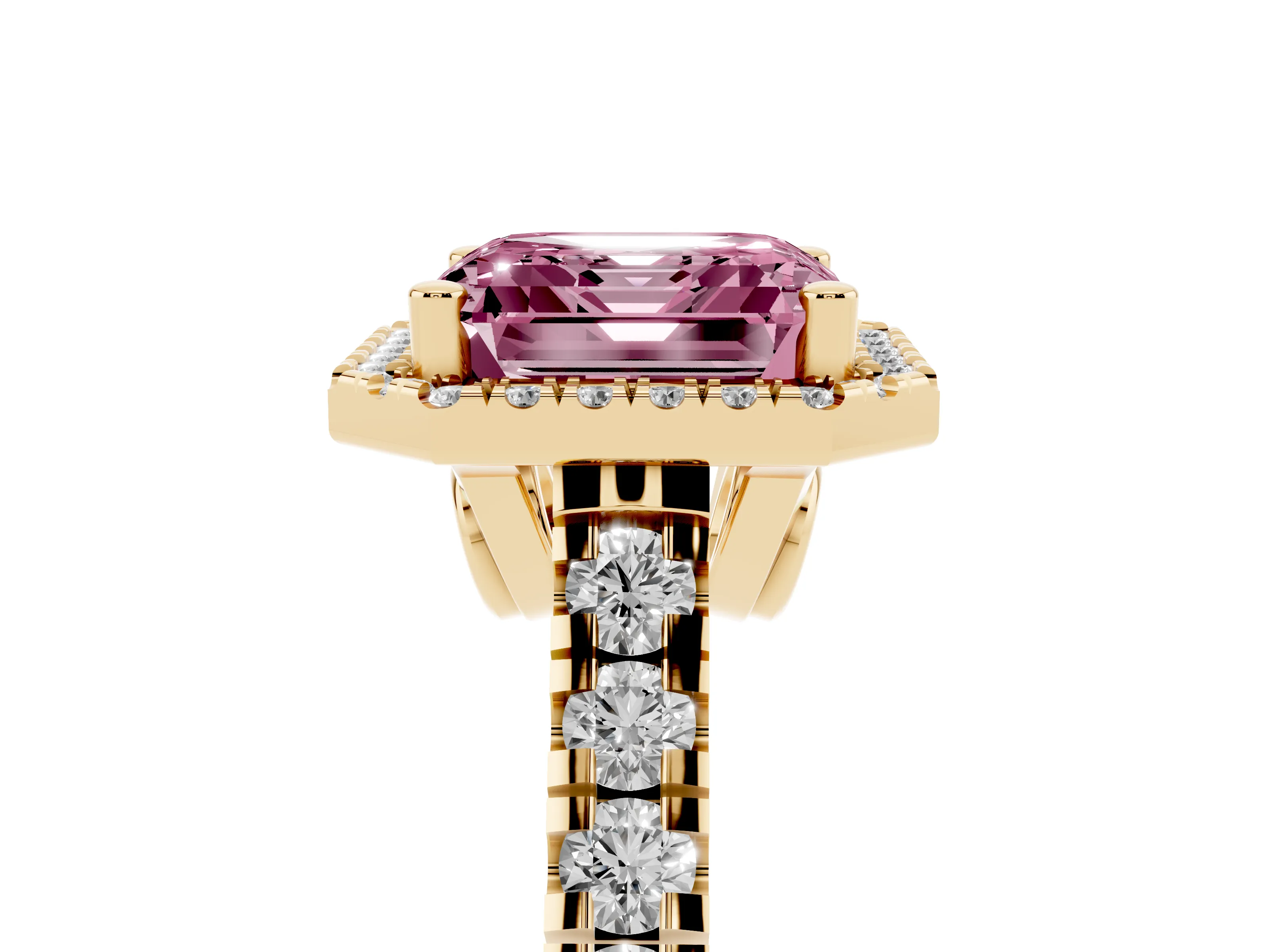 Fancy Pink Asscher Cut Diamond Halo Engagement Ring Set in Yellow gold with Pavé Band and Prong-Set Center