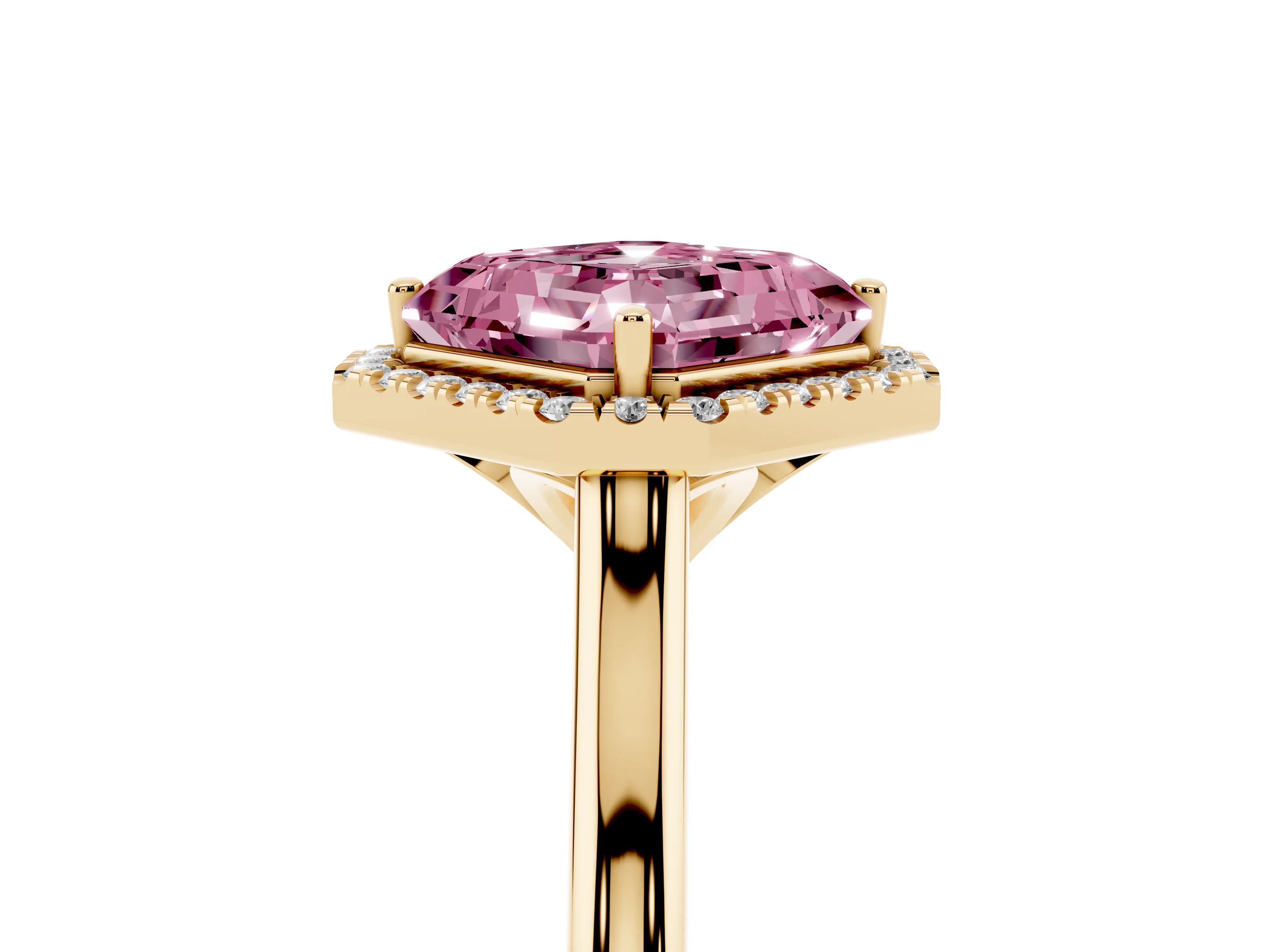 Fancy Pink Asscher Cut Diamond Halo Engagement Ring Set in Yellow gold with Pavé Band and Rising Shoulders