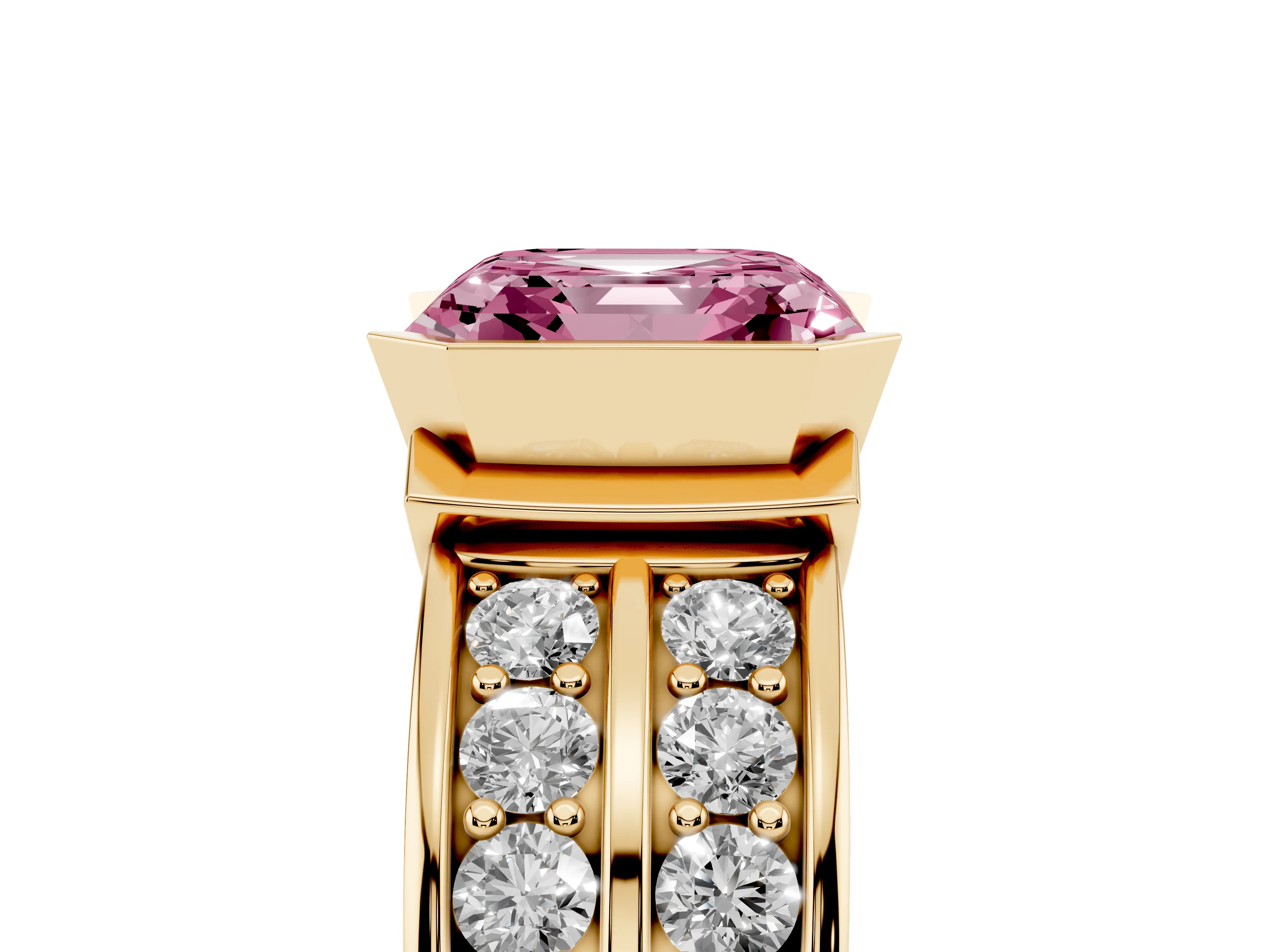Fancy Pink Asscher Cut Diamond Wide Channel Set Band Ring Set in Yellow gold with Bezel Setting