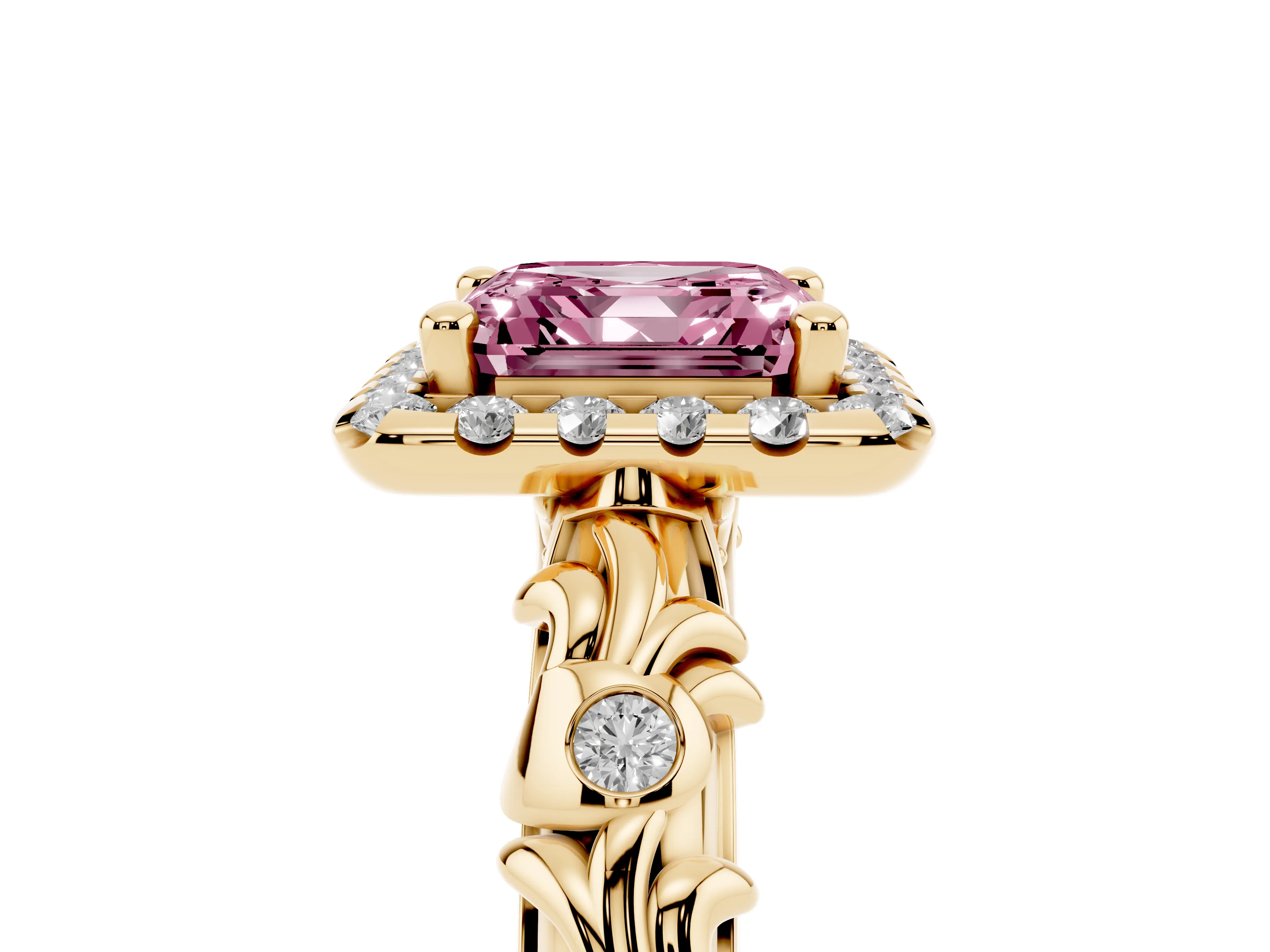 Fancy Pink Asscher Cut Diamond Halo Ring Set in Yellow gold with Filigree Leaf Band and Prong Setting