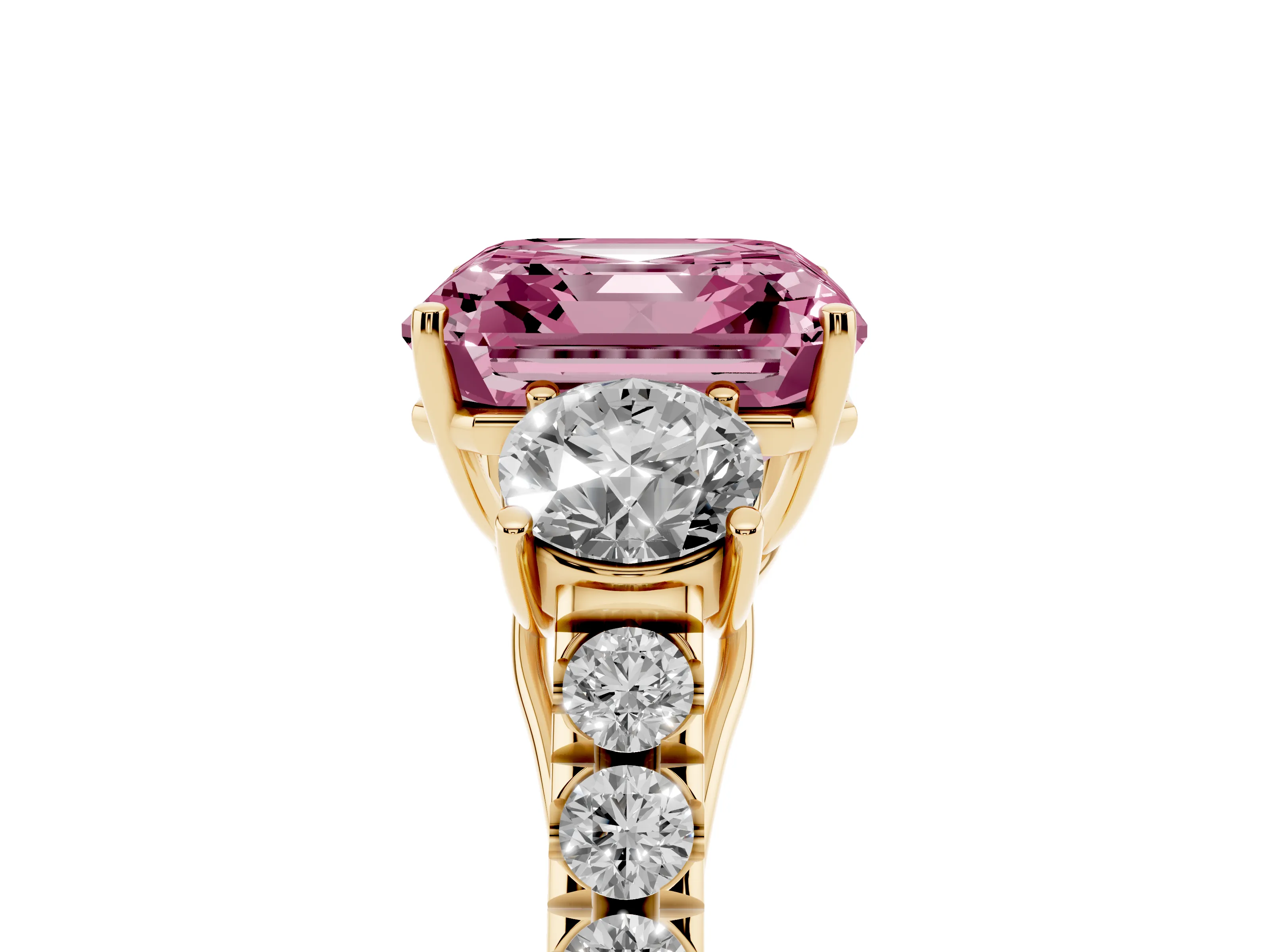 Fancy Pink Asscher Cut Diamond Three-Stone Ring Set in Yellow gold with Round Side Stones and Delicate Pavé Band
